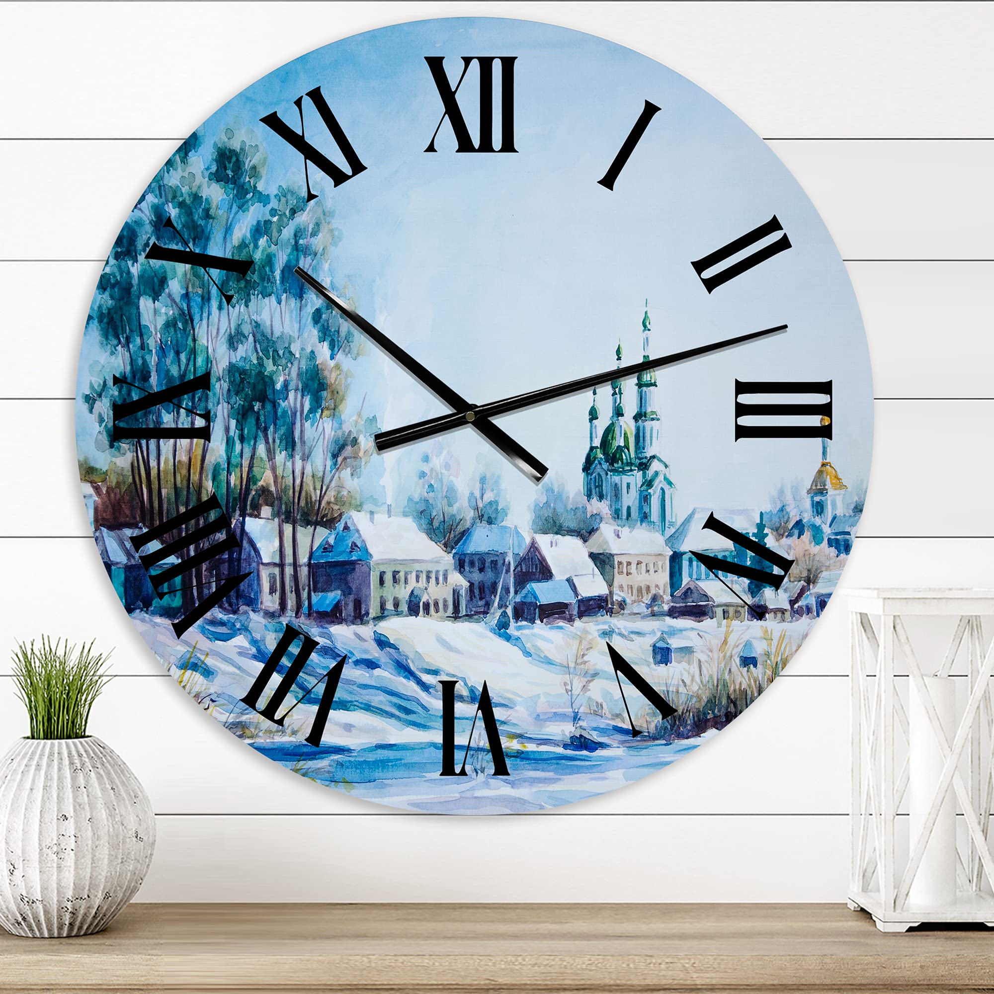 DesignQ Traditional Wall Clock - 'Small Town in Winter Times' Landscape & Nature Large Wall Decor for Living Room, Bedroom, Office | Silent Non-Ticking Clock for Home & Office Decor