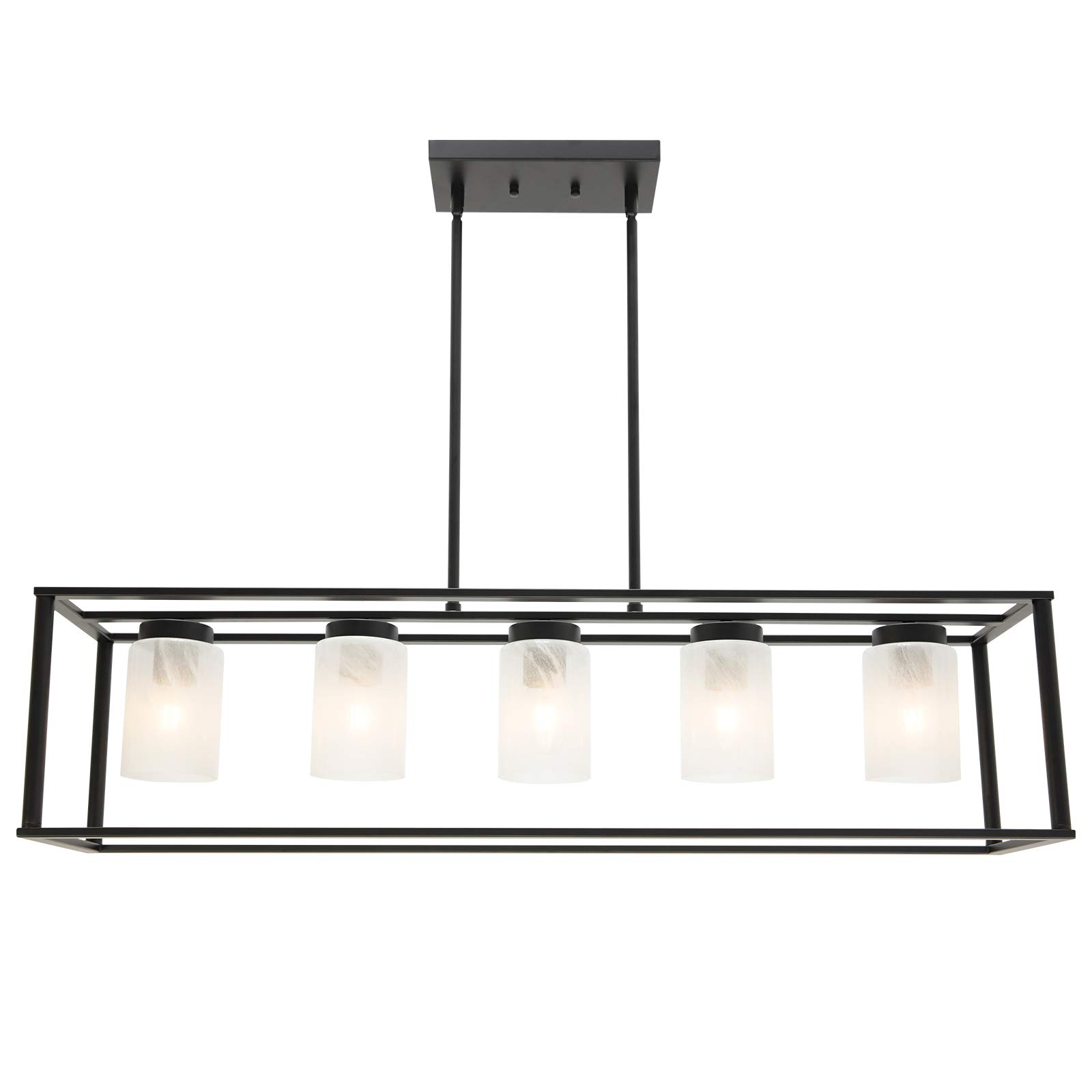 VINLUZ 5-Light Black Farmhouse Chandelier - Modern Industrial Linear Pendant Light with White Alabaster Glass Shade for Kitchen Island, Dining Room & Living Room Ceiling Lighting | Perfect for Rustic, Contemporary & Urban Decor Styles
