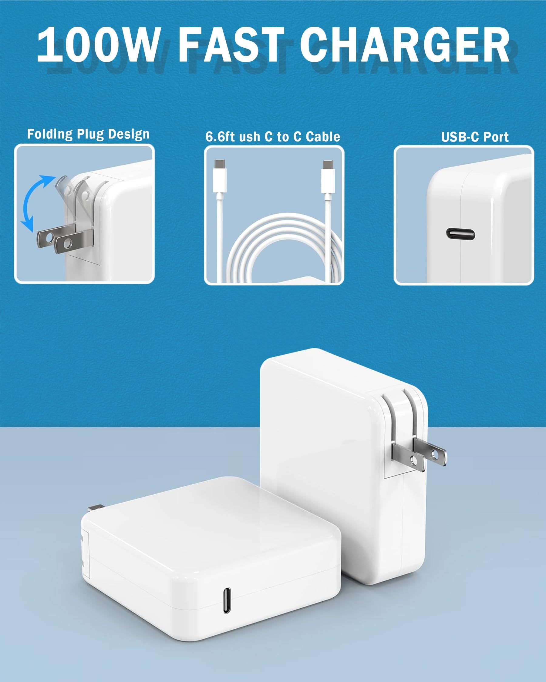 100W USB C Charger for MacBook Pro 16/15/14/13 Inch & MacBook Air 13 Inch - Fast Charging Power Adapter with Type C to C Cable - Compatible with iPad Pro 2023-2018 & All USB C Devices - Perfect for Home, Office & Travel Use