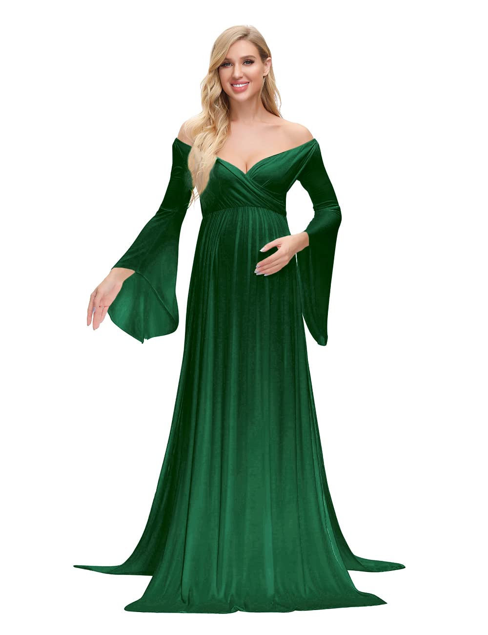 VSNOW Maternity Photoshoot Dress - Elegant Off Shoulder Drop Sleeve Maxi Gown with Side Slit for Pregnancy Photography, Baby Shower & Maternity Portraits