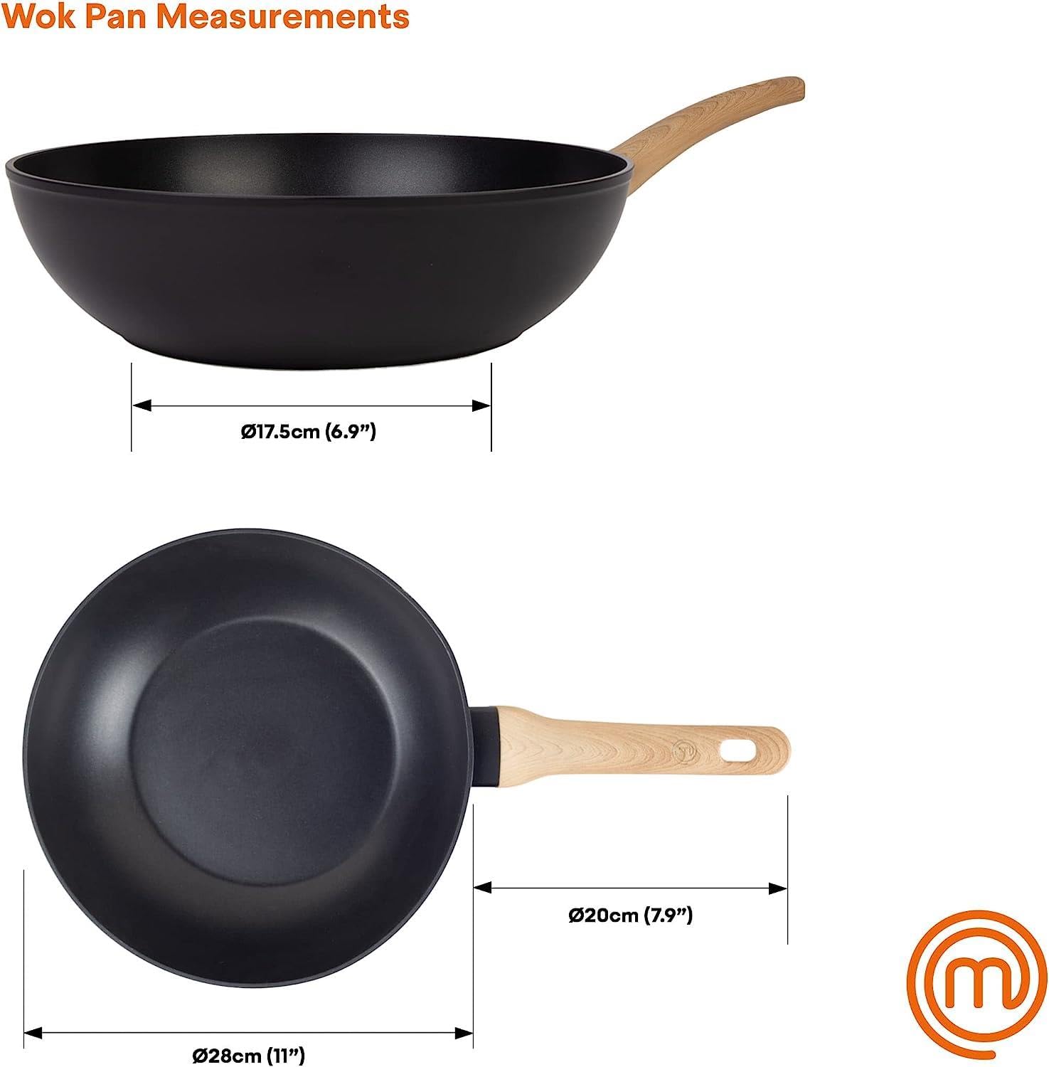 MasterChef 28cm Non-Stick Wok Pan - Induction, Gas, Halogen & Ceramic Stove Compatible - Scratch Resistant Coating, Dishwasher Safe - Aluminum Wood-Look Black - Perfect for Stir-Frying, Sautéing & Asian Cooking