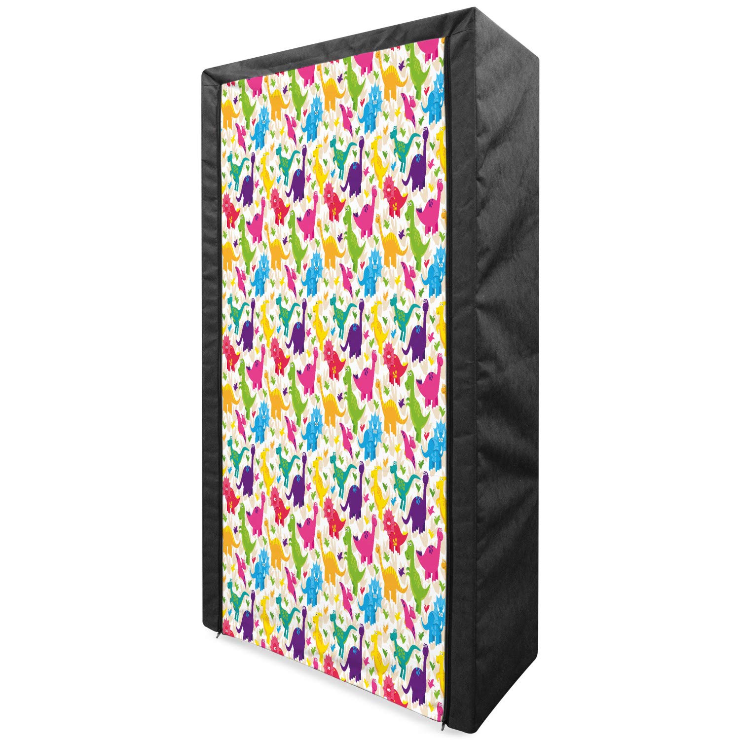 Ambesonne Dinosaur Portable Fabric Wardrobe - Dino Pattern Playroom Organizer with Shelves, 33.5 Inch Multicolor Storage Closet for Kids Bedroom & Nursery Clothes Organization