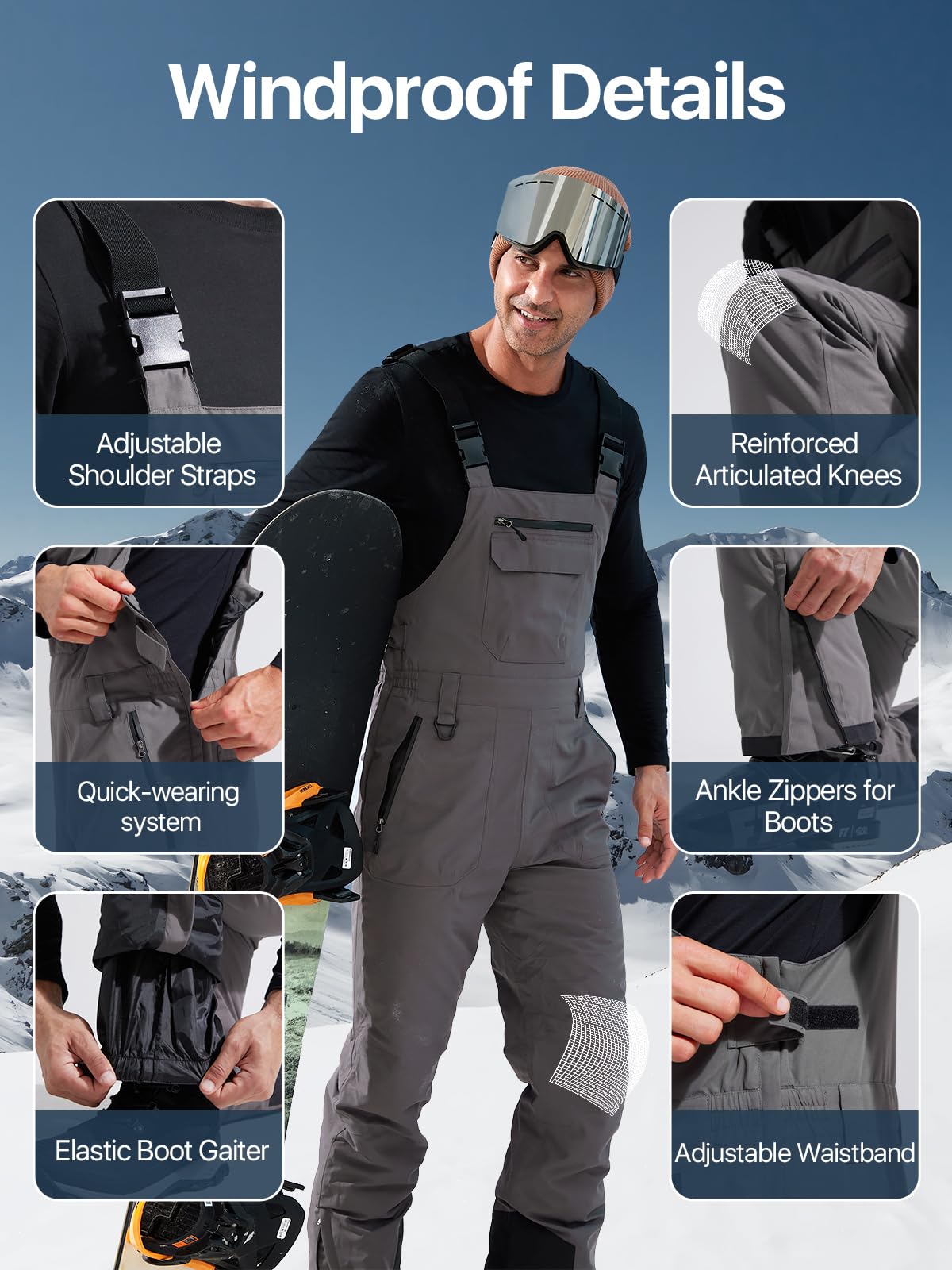 FREE SOLDIER Men's Waterproof Insulated Snow Bib Overalls - Windproof Softshell Ski Pants for Winter Sports & Outdoor Activities - Perfect for Skiing, Snowboarding & Cold Weather Adventures