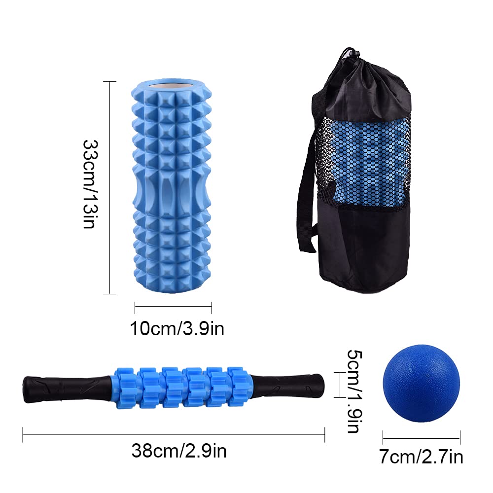 4 in 1 Foam Roller Set with Muscle Roller Stick & Massage Balls - Deep Tissue Massage for Back & Leg Pain Relief - Light Blue Exercise Recovery Kit for Yoga, Gym & Post-Workout Therapy