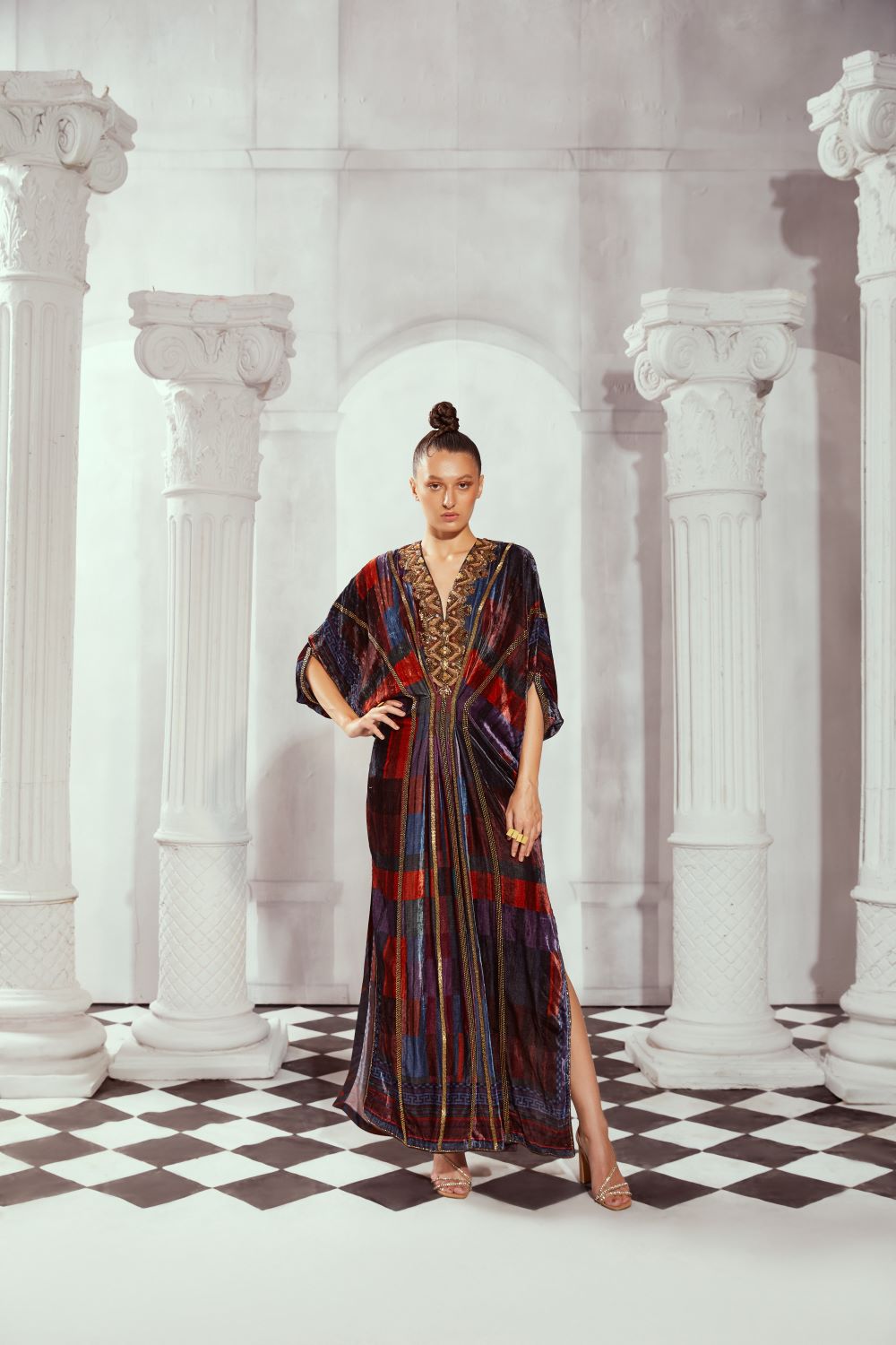 Stylish Tangerine Tile Print Kaftan with Exquisite Baroque Hand Embroidery - Perfect for Beach Cover-ups, Summer Vacations & Boho Fashion