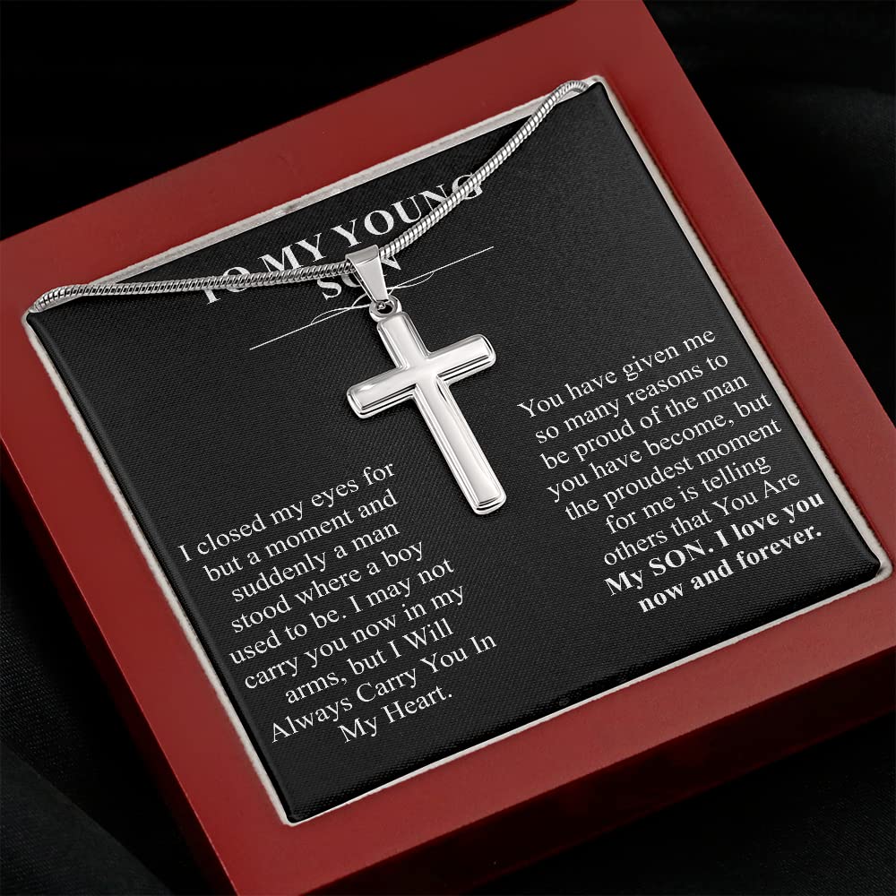 Meaningful Jewelry Gifts for Son - Personalized Cross Necklace for Birthday from Mom or Dad - 18th, 19th, 21st Birthday Gift with Message Card - Perfect for Graduation, Father's Day & Special Occasions