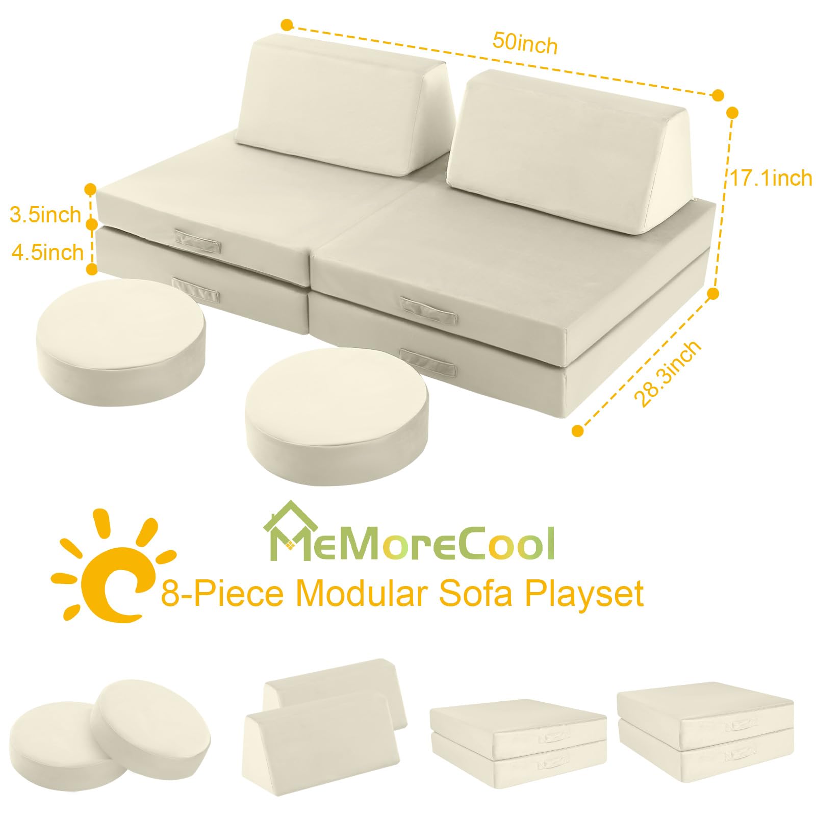 MeMoreCool Modular Kids Play Couch - Beige Foam Sofa & Fort Building Set for Toddlers | Indoor Playroom Furniture for Creative Play & Learning