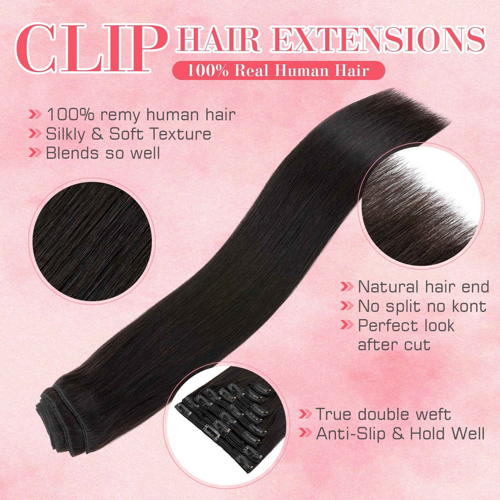 Natural Black Remy Human Hair Clip-In Extensions - 10 Inch Silky Straight Double Weft (8pcs/110g) #1B | Premium Quality Hair Extensions for Women | Perfect for Daily Wear, Parties & Special Occasions