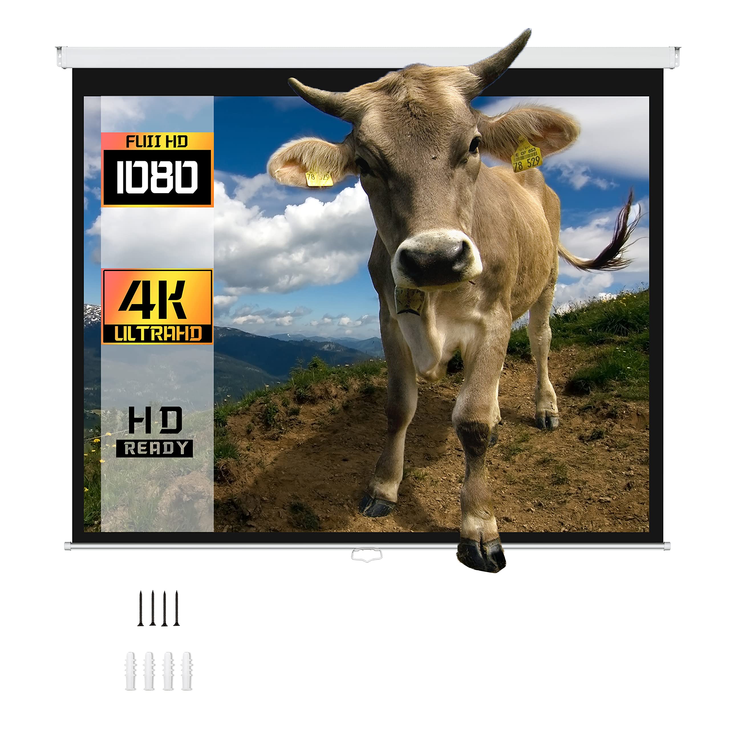 ProHT 84-Inch Manual Pull Down Projector Screen - 16:9 Aspect Ratio Matte White Projection Screen for Home Theater, Presentations & Movies | Perfect for HDTV, Sports, Office Meetings & Classroom Use