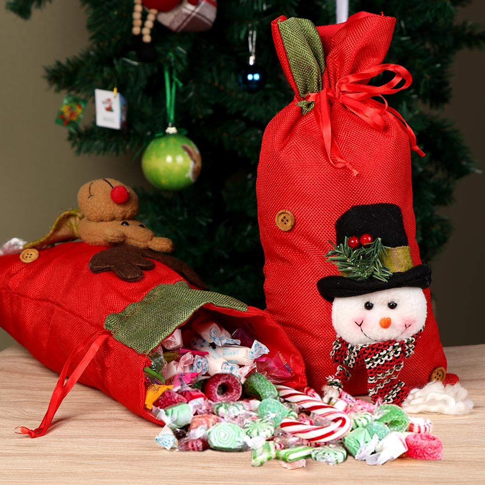 OurWarm 3D Santa Claus Snowman Reindeer Christmas Gift Bags Bulk - 15x8 Inch Large Drawstring Burlap Sacks, Reusable Xmas Party Treat Goody Bags for Holiday Gifting, Stocking Stuffers & Festive Decorations