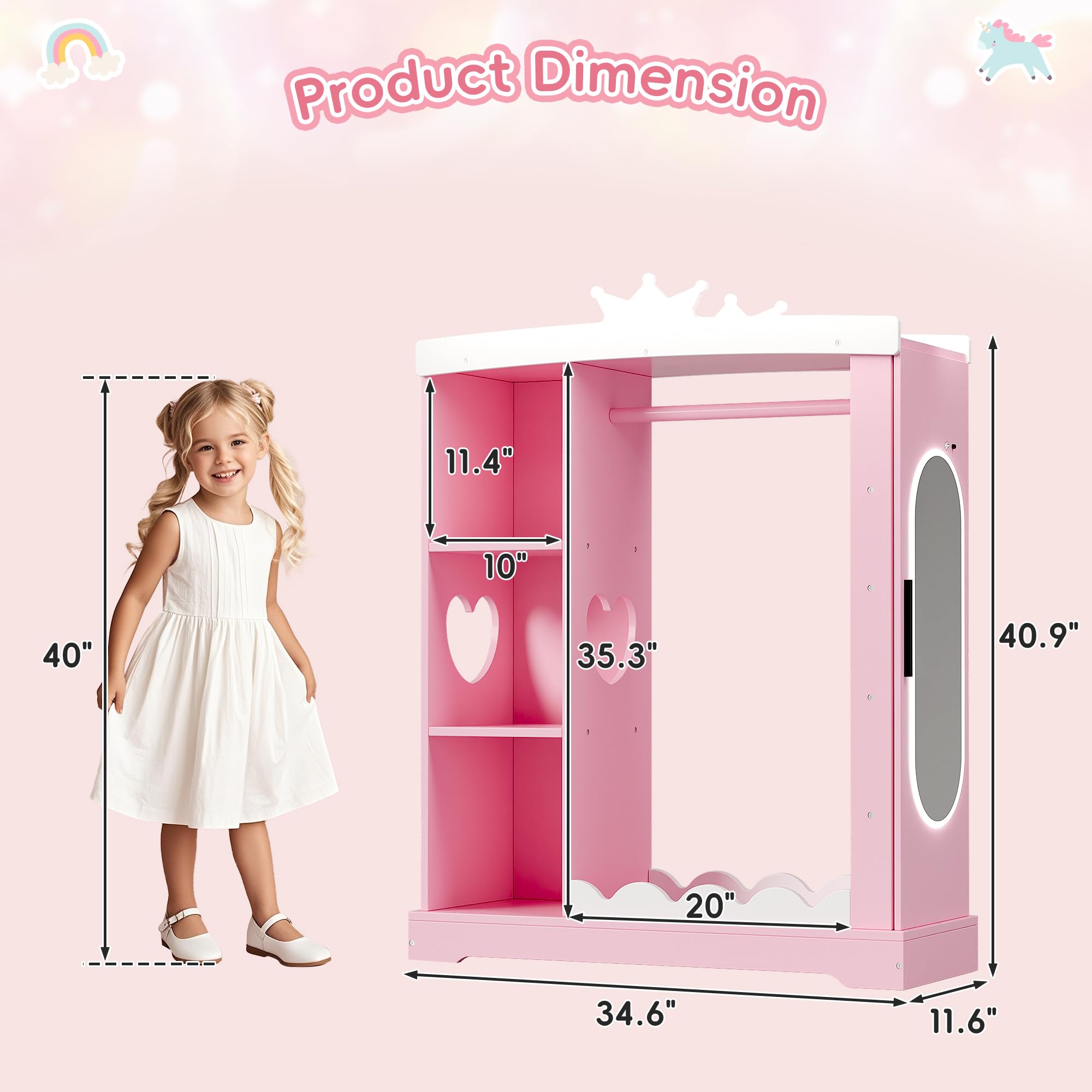 Xilingol Kids Armoire with Jewelry Cabinet & Mirror - Princess Dress Up Storage Wardrobe with Shelves - Pink Costume Organizer for Girls Bedroom & Playroom - Perfect for Birthday Gifts & Pretend Play