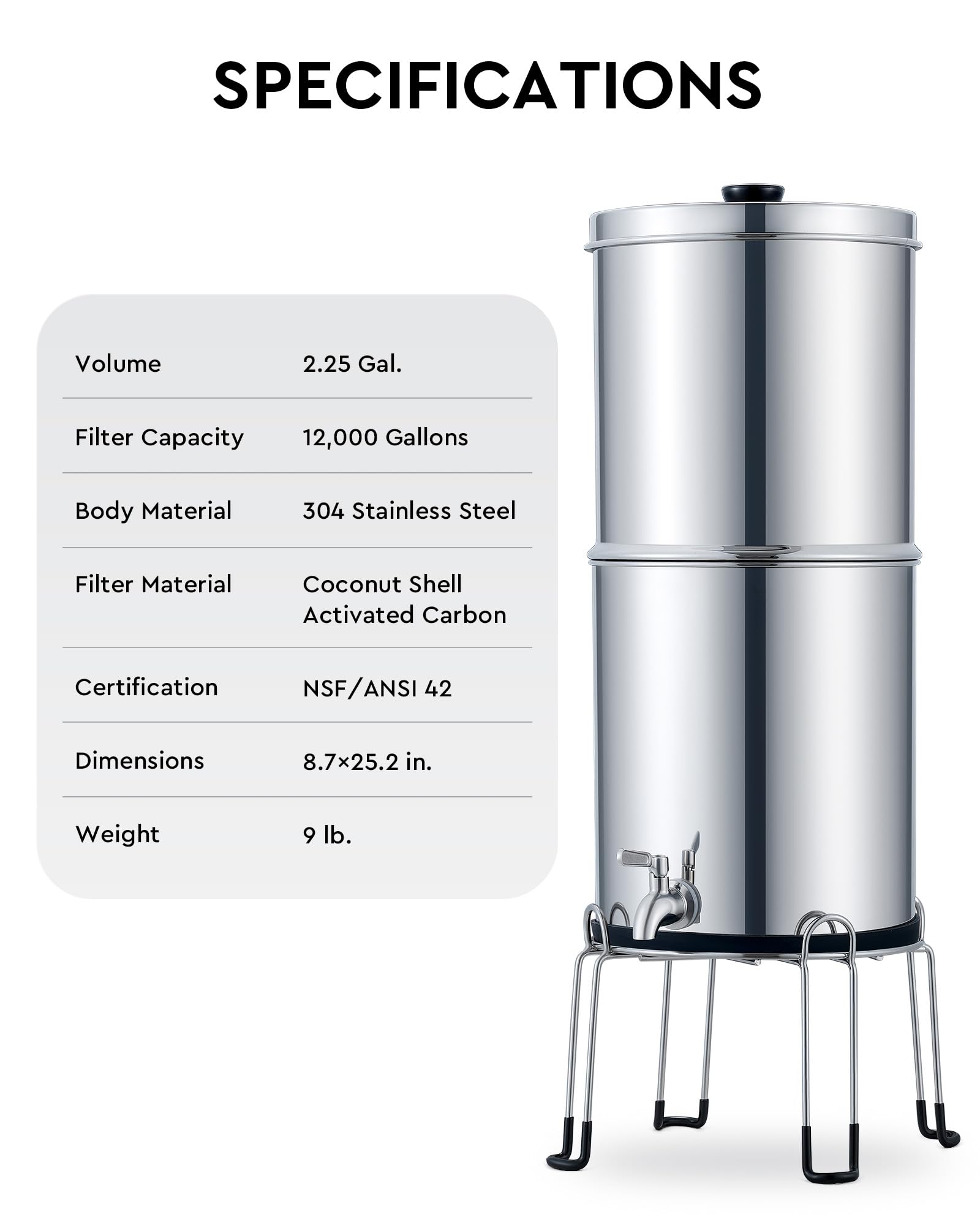 CO-Z 2.25 Gallon Gravity-Fed Water Filter System - NSF/ANSI 42 Certified Countertop Water Purifier with 4 Carbon Filters, Stainless Steel Design & Spigot - Perfect for Home, Office, Camping & Emergency Preparedness