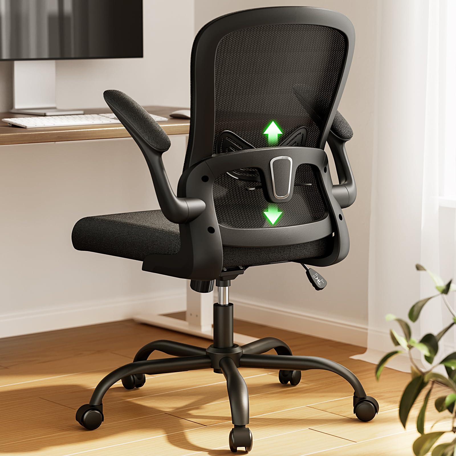 Ergonomic Office Chair with Adjustable Lumbar Support - Mesh Back Computer Desk Chair with Flip-Up Armrests, Swivel Task Chair for Home Office (Black) - Perfect for Long Work Hours, Gaming & Remote Work
