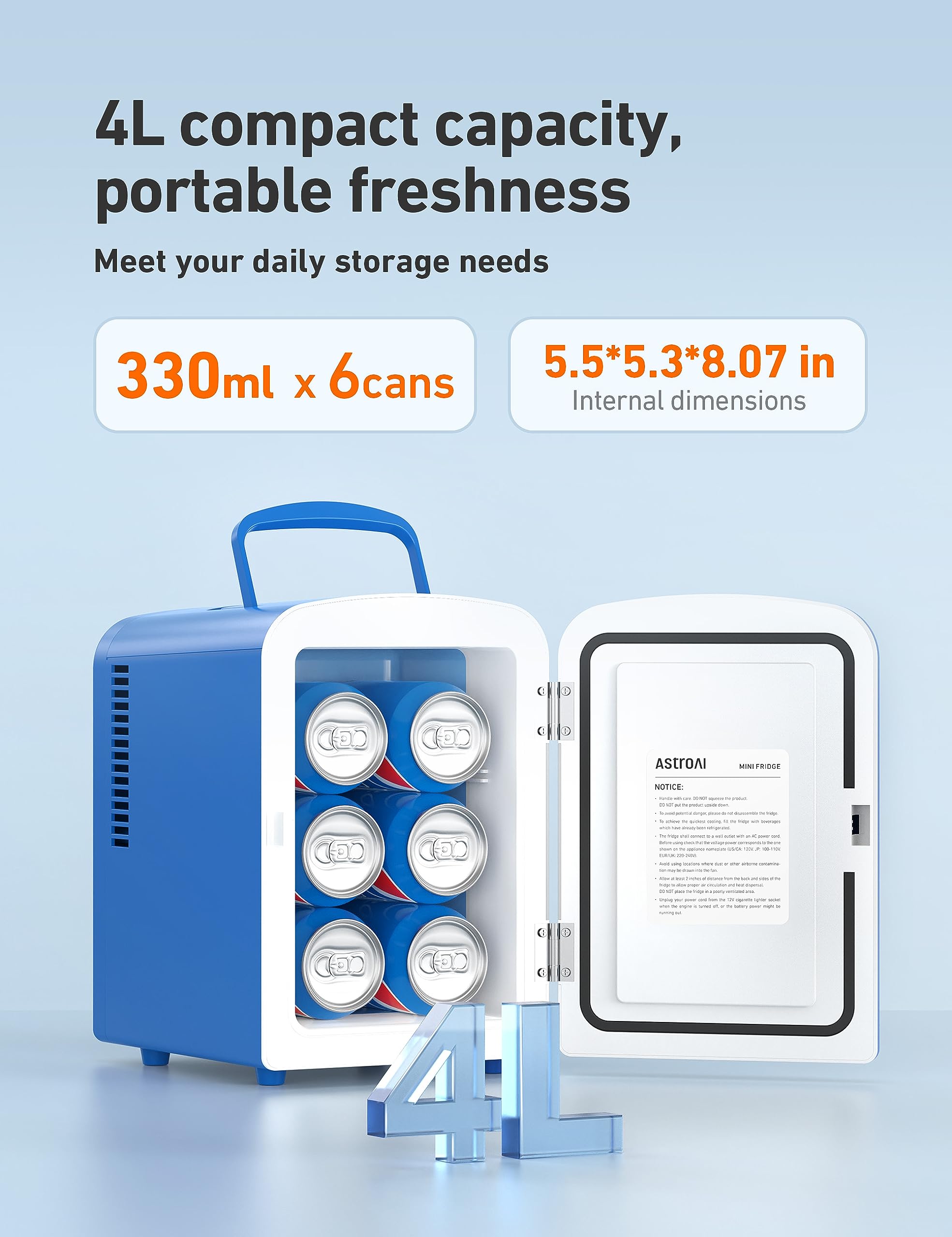 AstroAI Mini Fridge 4L/6 Can - Portable Thermoelectric Cooler & Warmer for Skincare, Beverage, Food - AC/DC Power for Home, Office, Car - ETL Certified (Blue) | Perfect for Dorm Rooms, Road Trips & Small Spaces