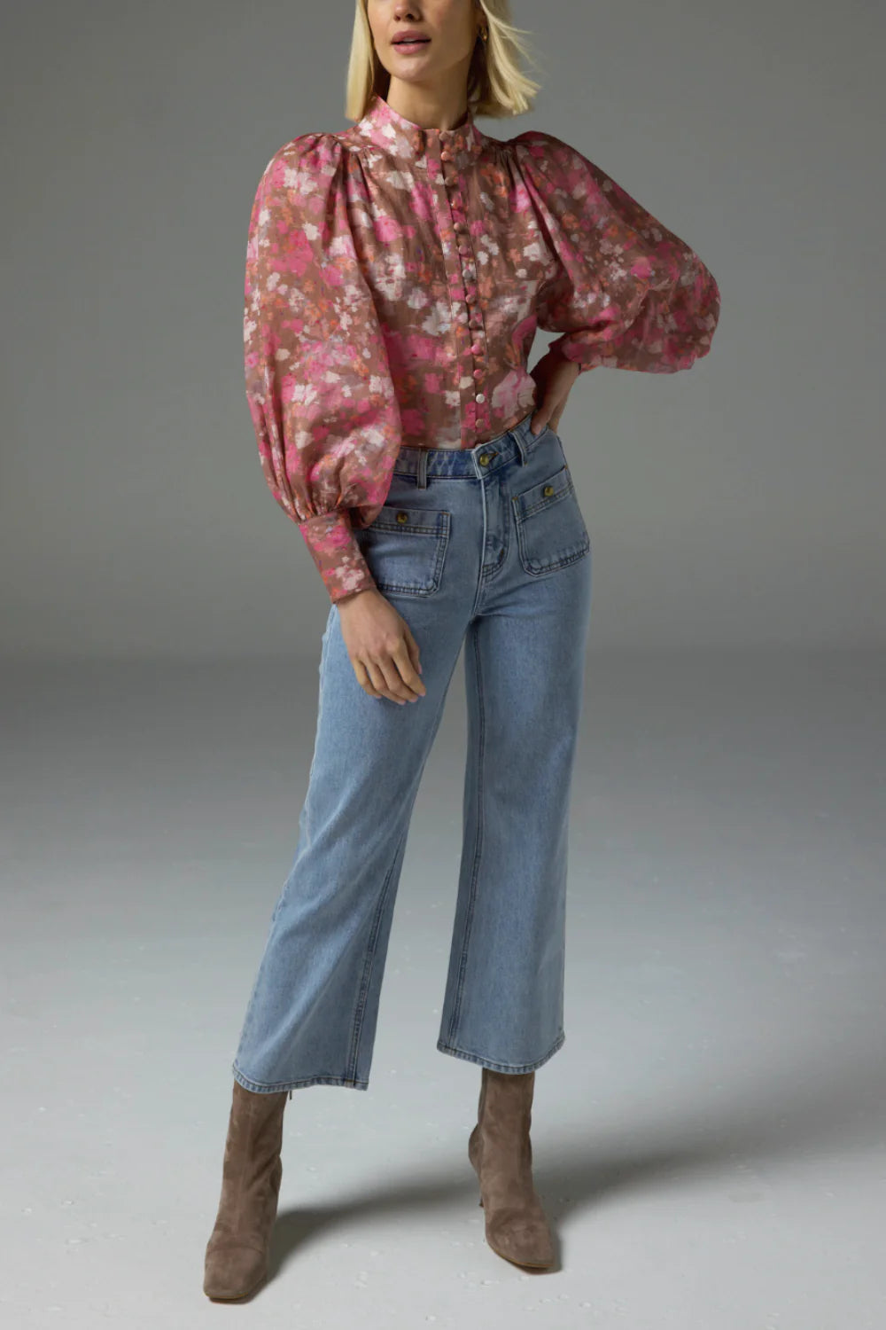 Atlas Blush Blur Long Sleeve Blouse with Front Buttons - Elegant Office Wear & Casual Outfit for Women