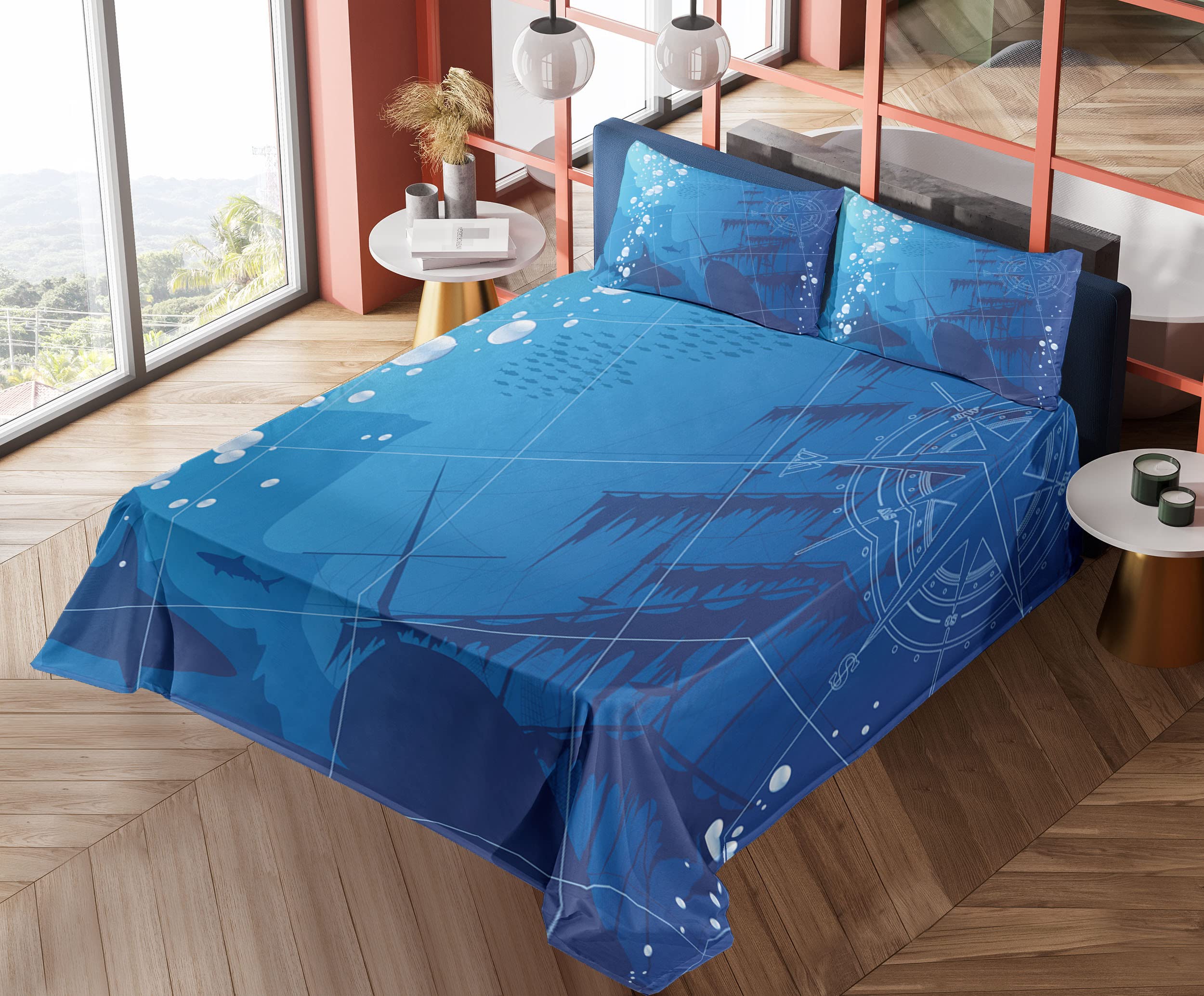 Ambesonne Nautical Shark & Ship Compass Bed Sheet Set - 3 Piece Twin XL Blue White Underwater Theme Bedding with Fitted Sheet, Flat Sheet & Pillowcase - Perfect for Kids' Rooms, Beach Houses & Ocean Lover Decor