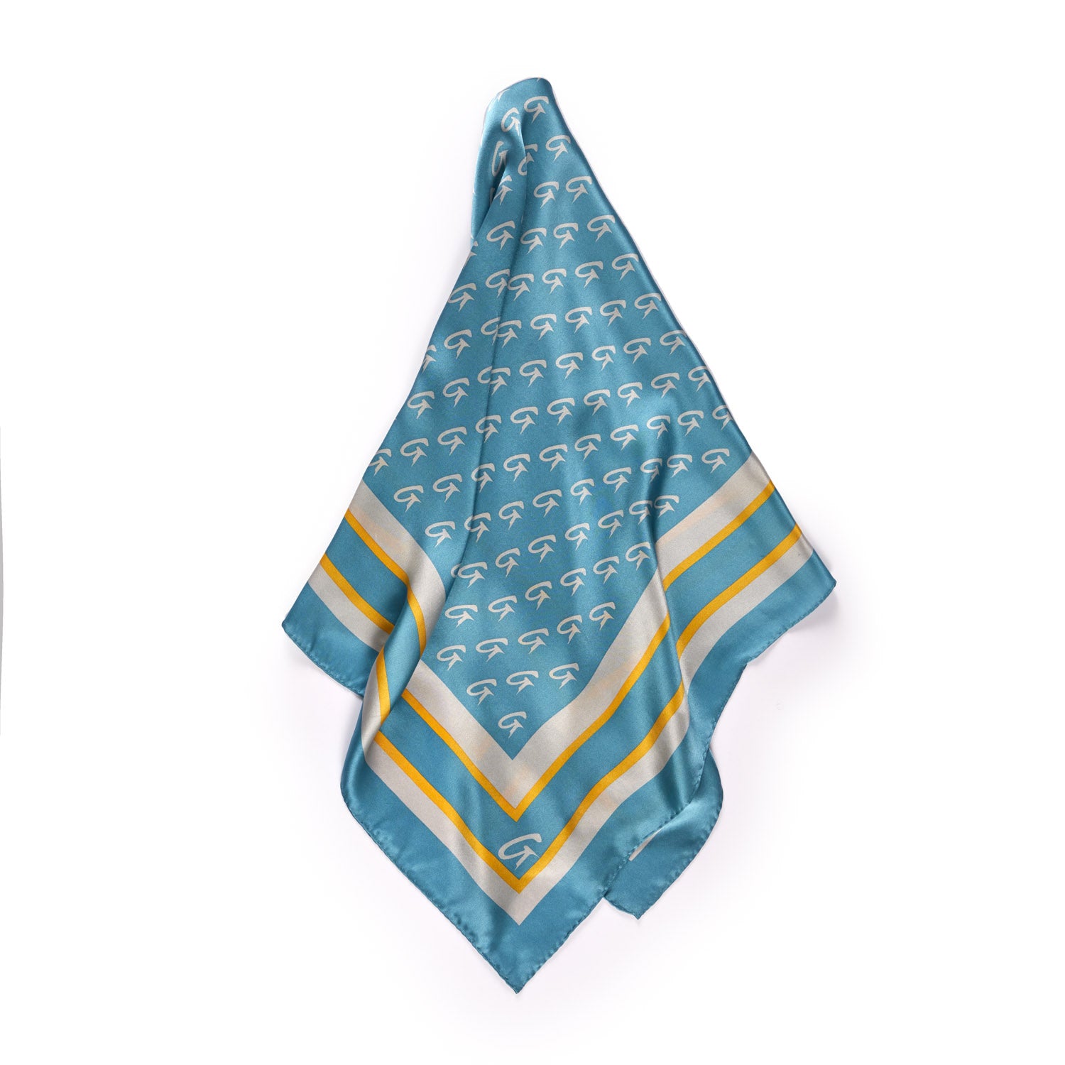 Luxury Large Monogram Silk Scarf - Blue & Gold Pattern - Elegant Women's Fashion Accessory for Office, Party & Special Occasions