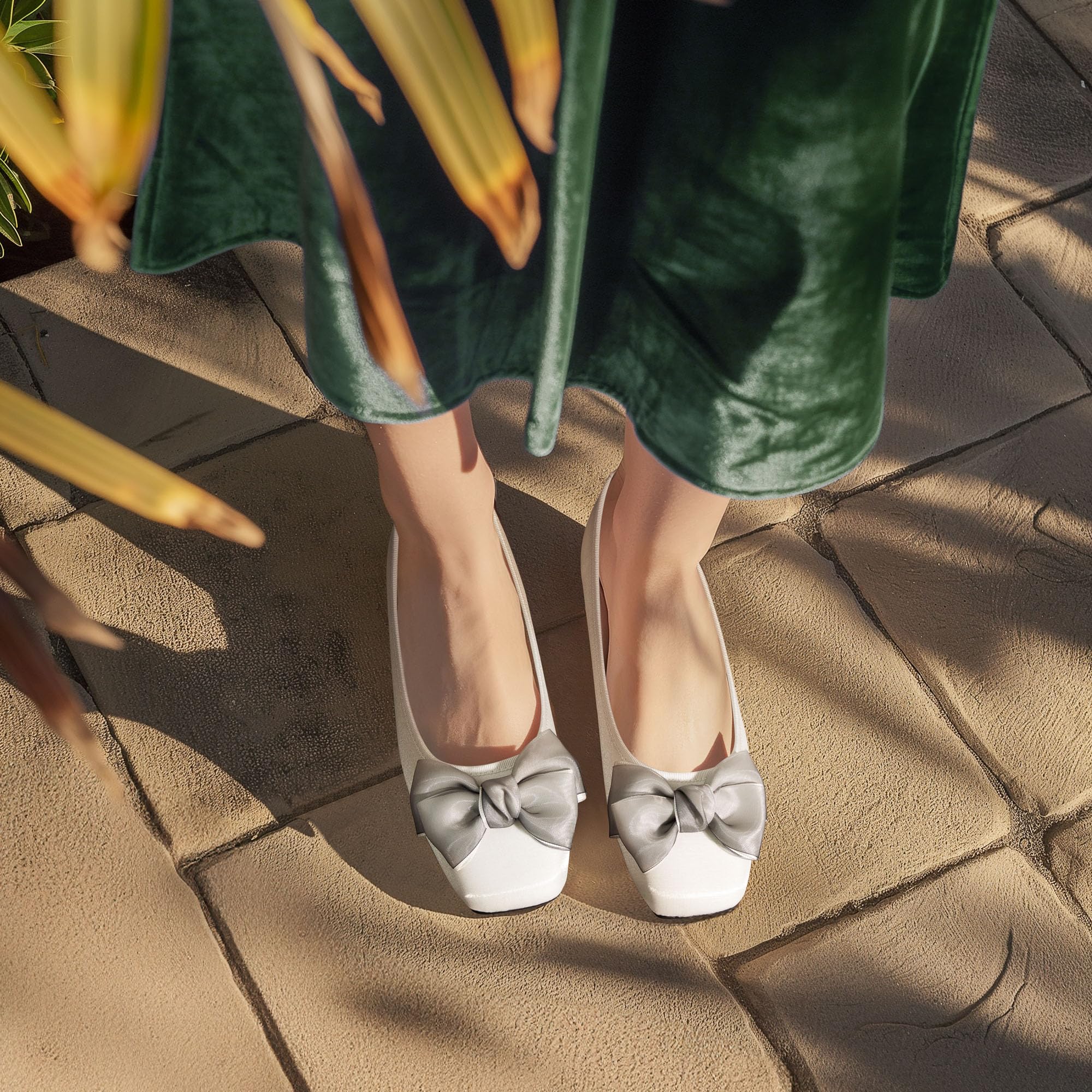 Women's Elegant Square Toe Ballet Flats - Satin Mary Jane Shoes with Bowknot for Work, Wedding & Party Occasions
