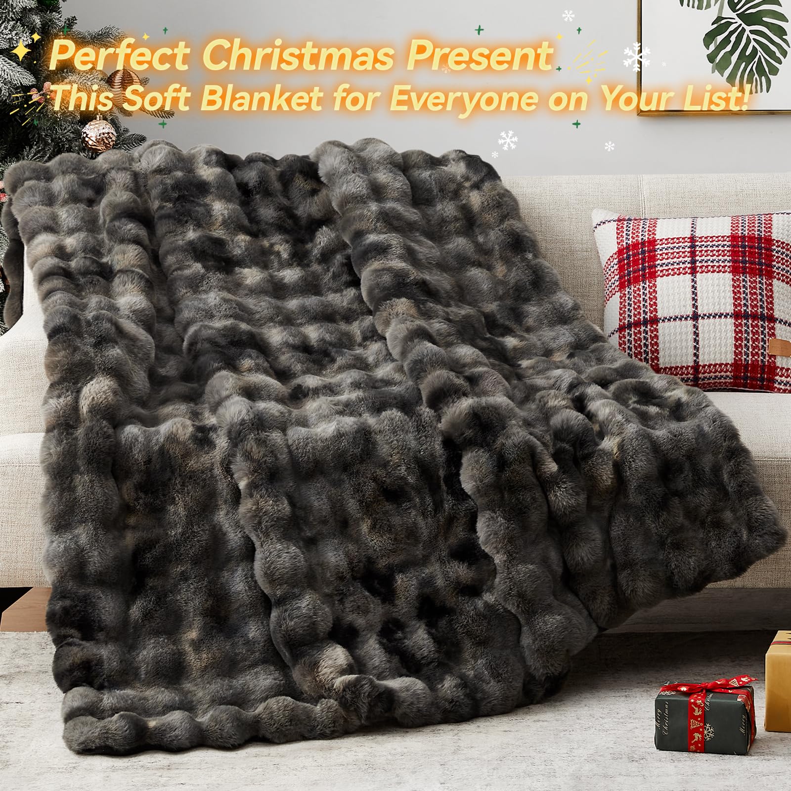Faux Fur Throw Blanket 50x60 Inches - Ultra Soft 1000GSM Plush Blanket for Couch, Bed & Sofa - Warm Cozy Rabbit Lola Blanket in Tie-Dye Grey - Perfect for Living Room, Bedroom & Winter Nights