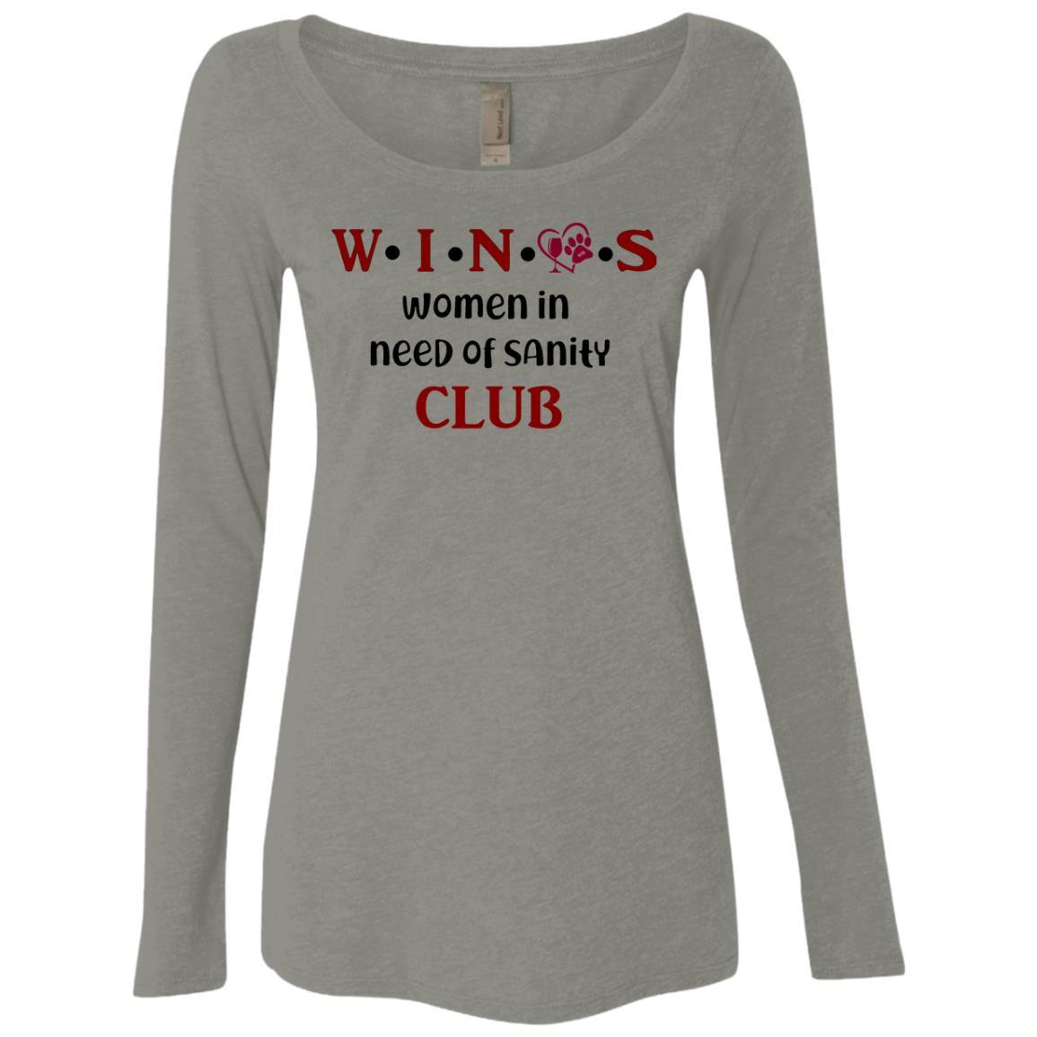 WineyBitches.Co WINOS Club Women's Tri-Blend Long Sleeve Scoop Neck T-Shirt with Burgundy Lettering - Perfect for Wine Tasting, Girls' Night Out & Casual Wear