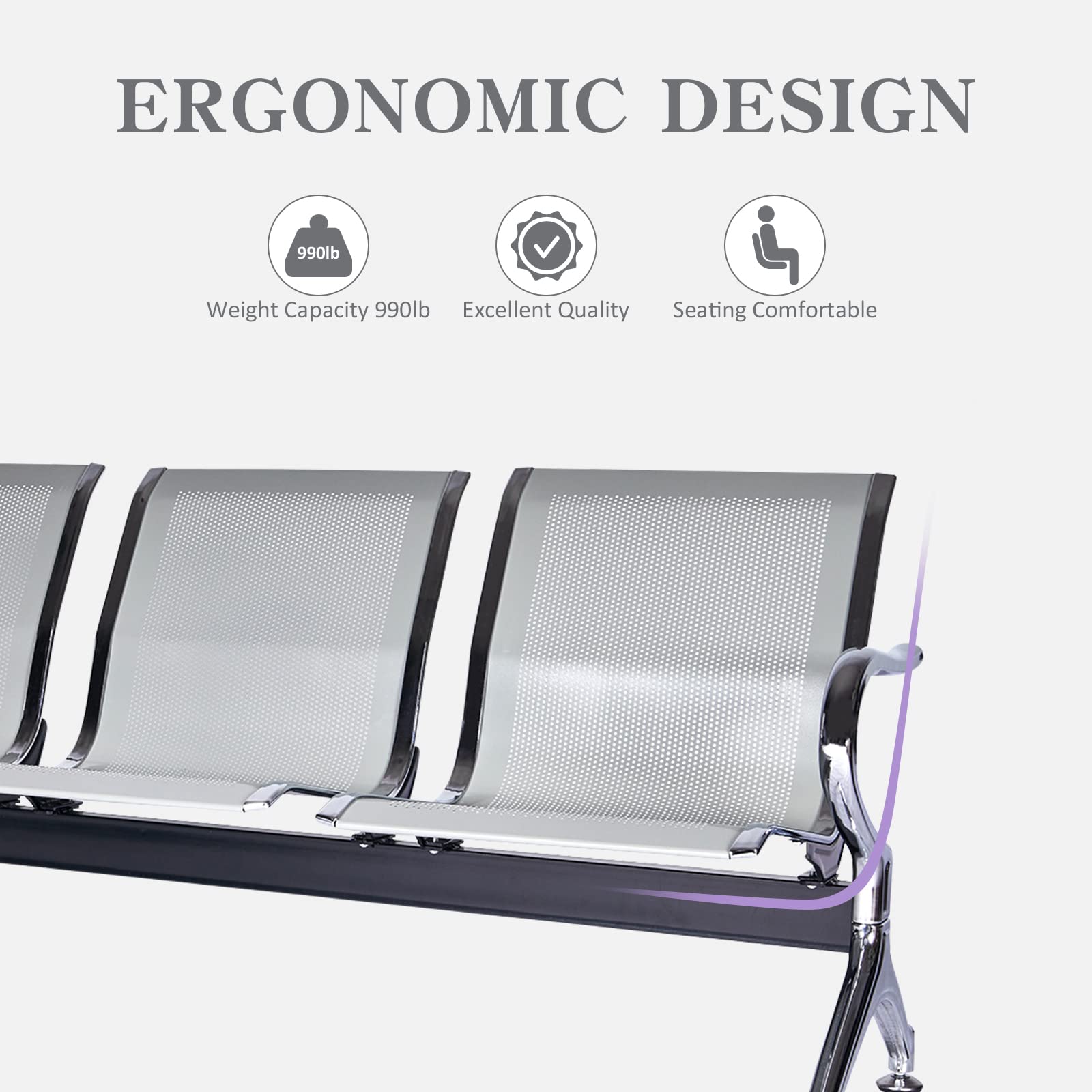 Premium Heavy Duty Waiting Room Chairs - 3-Seater Reception Guest Chairs for Hospitals, Offices, Salons & Barber Shops (Silver) - Durable Seating Solution for High-Traffic Areas