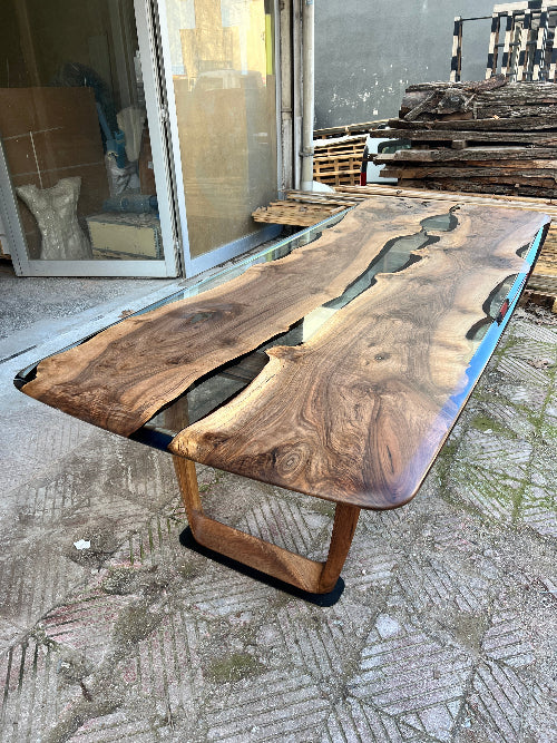 Epoxy Resin River Dining Table with Premium Walnut Wood Legs - Perfect for Modern Home Dining Room, Kitchen, and Office Spaces