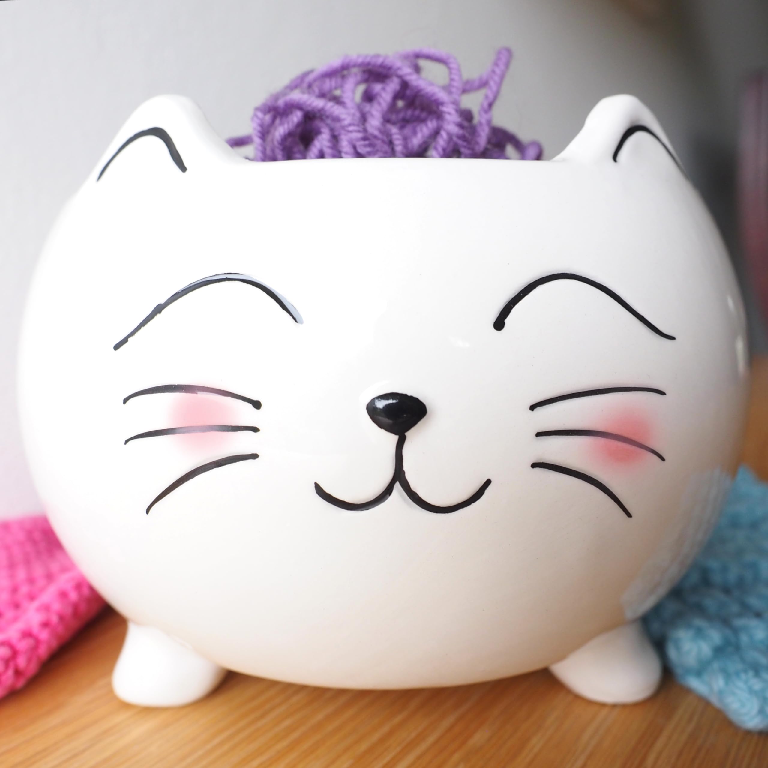 Extra Large Ceramic Yarn Bowl for Knitting & Crochet - Cute Cat Design Yarn Holder with Storage - Perfect Gift for Knitters - Great for Home Crafting and DIY Projects