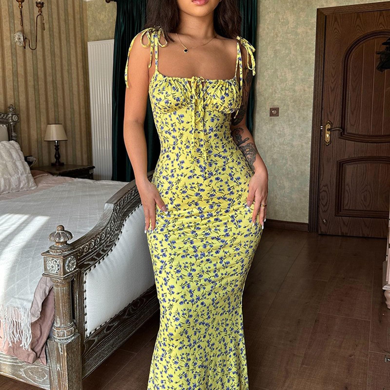 Y2K Floral Print Bodycon Dress for Women - Spaghetti Strap Backless Long Cami Dress with Side Slit | Sleeveless Cocktail Party Dress for Night Out, Date Night, Summer Vacation & Beach Wear