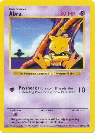 Abra Pokemon Card (43/102) - Base Set Shadowless Unlimited Edition - Perfect for Collectors & TCG Players