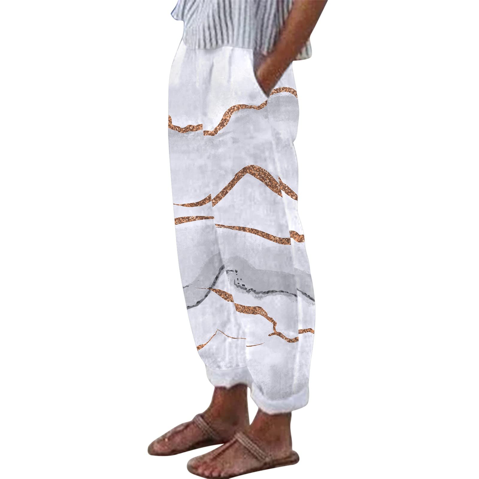 Fupinoded Women's High Waist Linen Capri Pants with Pockets - Casual Floral Print Harem Pants for Summer, Travel & Yoga | Pull-On Comfortable Capris