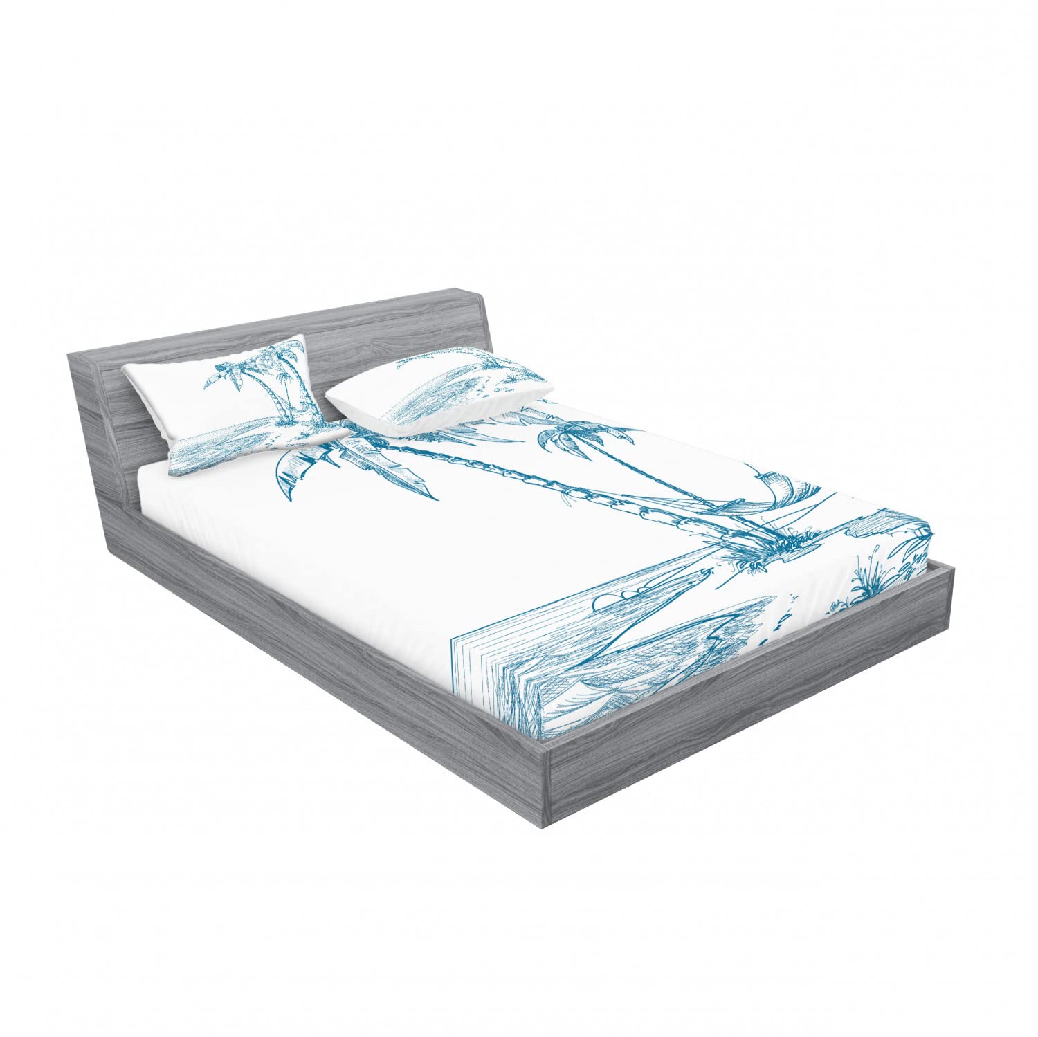 Ambesonne Tropical 2-Piece King Size Fitted Sheet Set with 4 Pillow Shams - Beach Palm Tree Design Blue White Coastal Bedding for Master Bedroom & Guest Room Decor