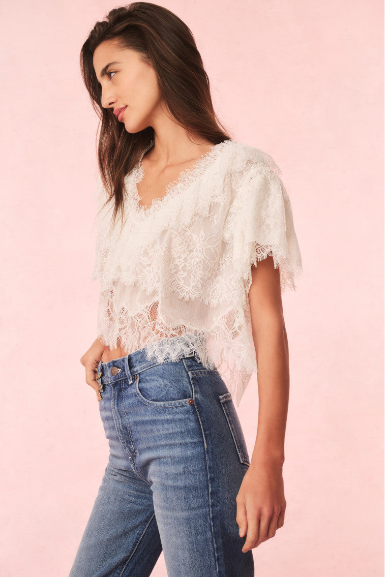 Elegant Vienne Lace Ruffle Blouse for Women - Romantic Floral Lace Top with Ruffled Sleeves - Perfect for Date Night, Wedding Guest Outfits & Special Occasions