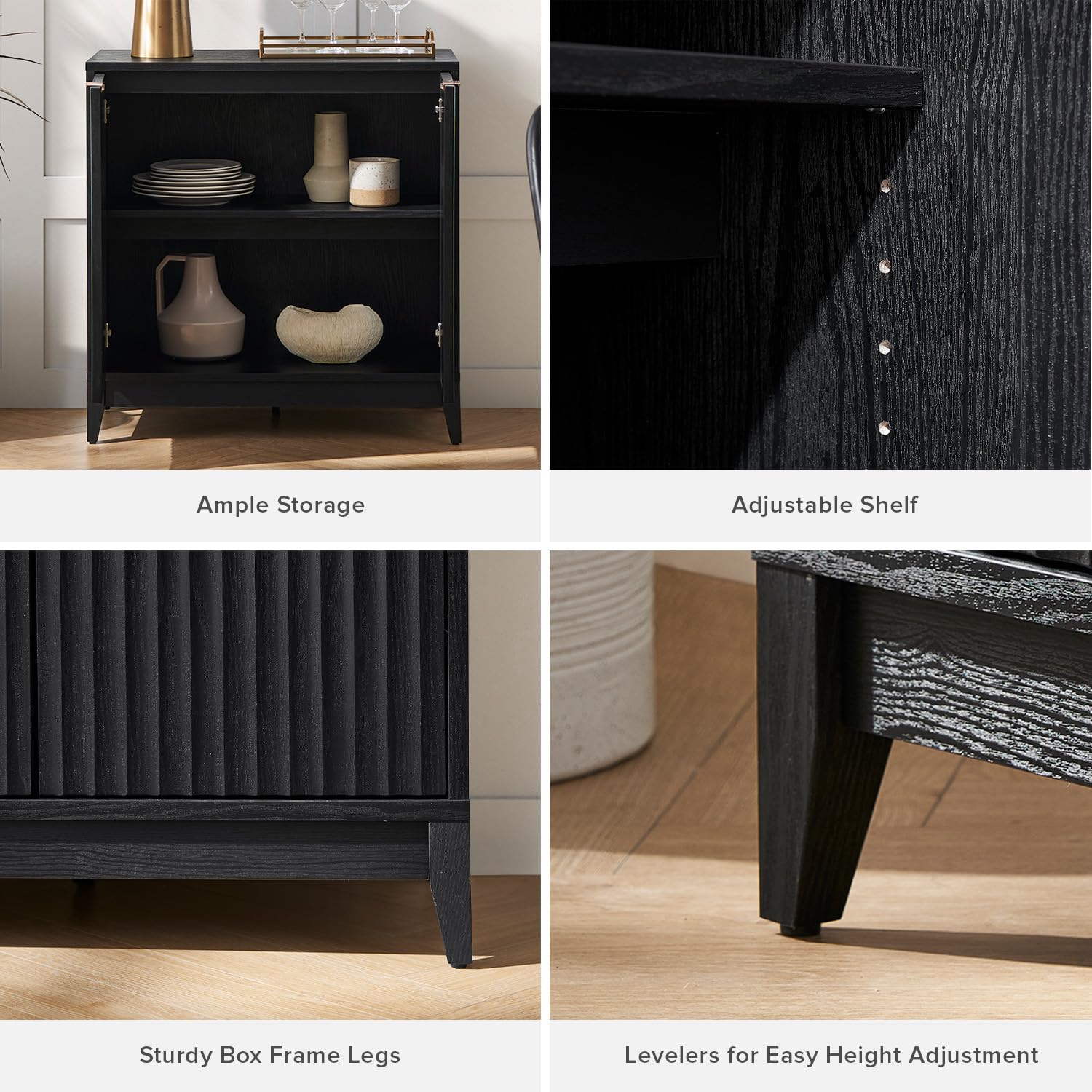 Mopio Brooklyn Storage Cabinet - Modern Farmhouse Entryway Accent Case, Buffet Sideboard, Console Table, Wood Modular Organizer with Doors & Shelf - Fluted Panel Cupboard for Living Room, Dining Room, Bedroom (Black, Single)