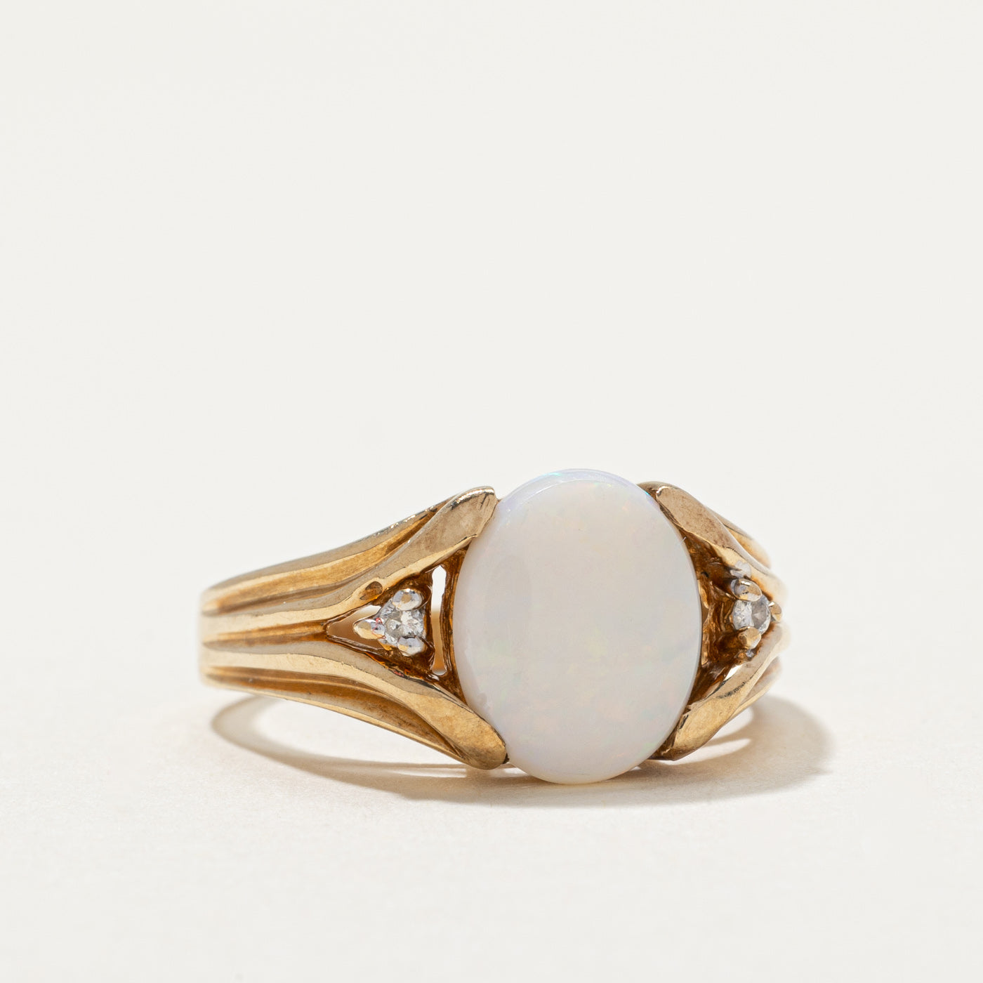 Opal and Diamond Grooved Tapered Ring - 1.52ct Opal with 0.03ctw Diamond Accents - Size 8.75 - Elegant Wedding Band, Anniversary Gift, or Statement Jewelry for Special Occasions