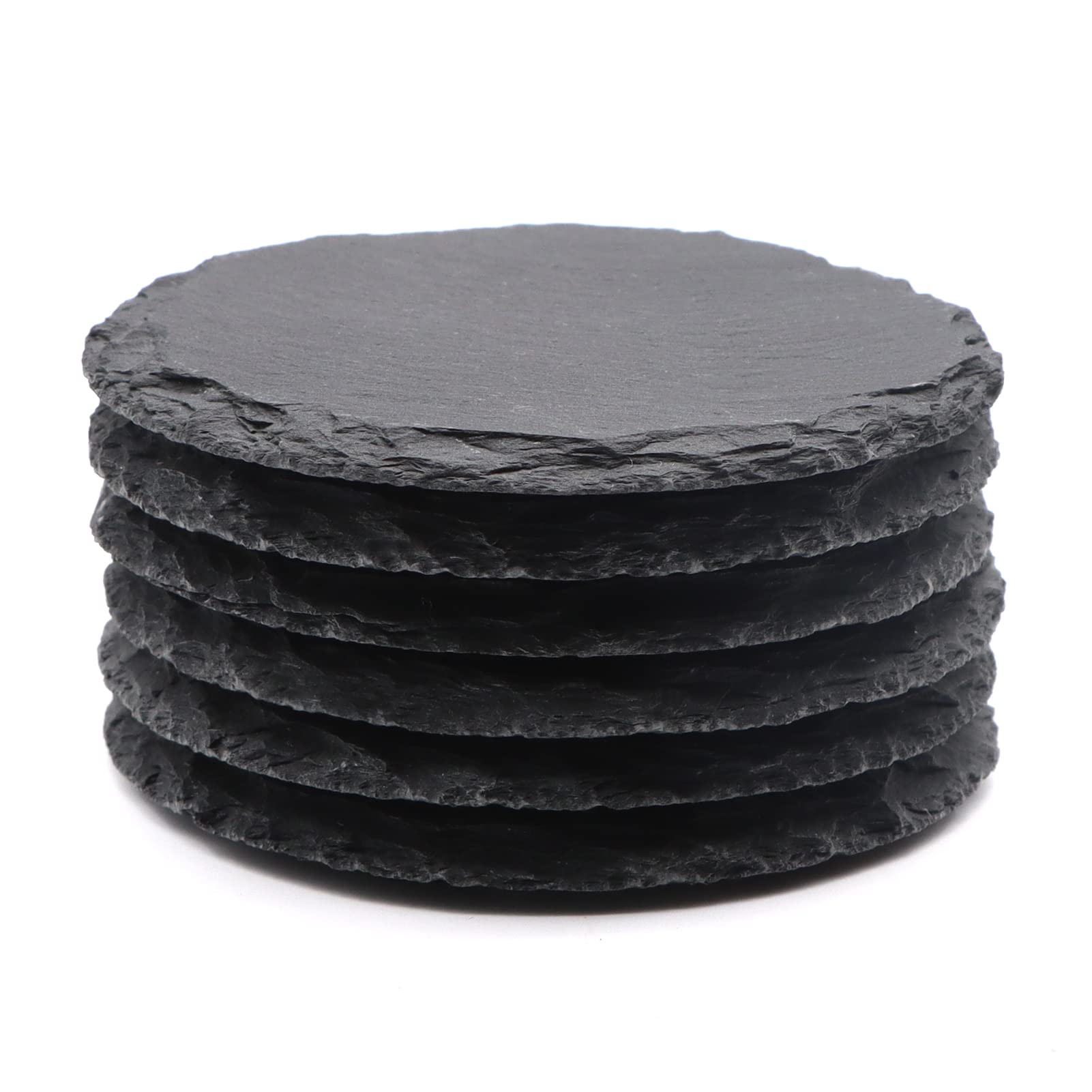 6 Pack Black Slate Drink Coasters - 4 Inch Round Stone Coasters with Laser Engraving & Anti-Scratch Bottom - Perfect for Coffee Bars, Kitchen, Home Decor & Gift Giving