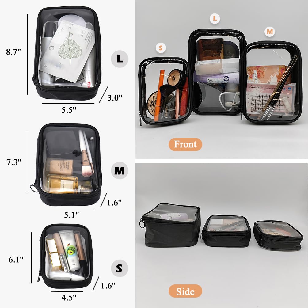 3-Piece Clear Makeup Bags Set - TPU Travel Toiletry Organizer with Zipper for Cosmetics, Toiletries & Accessories (Small, Medium, Large) - Perfect for Air Travel, Gym, Beach & Daily Organization