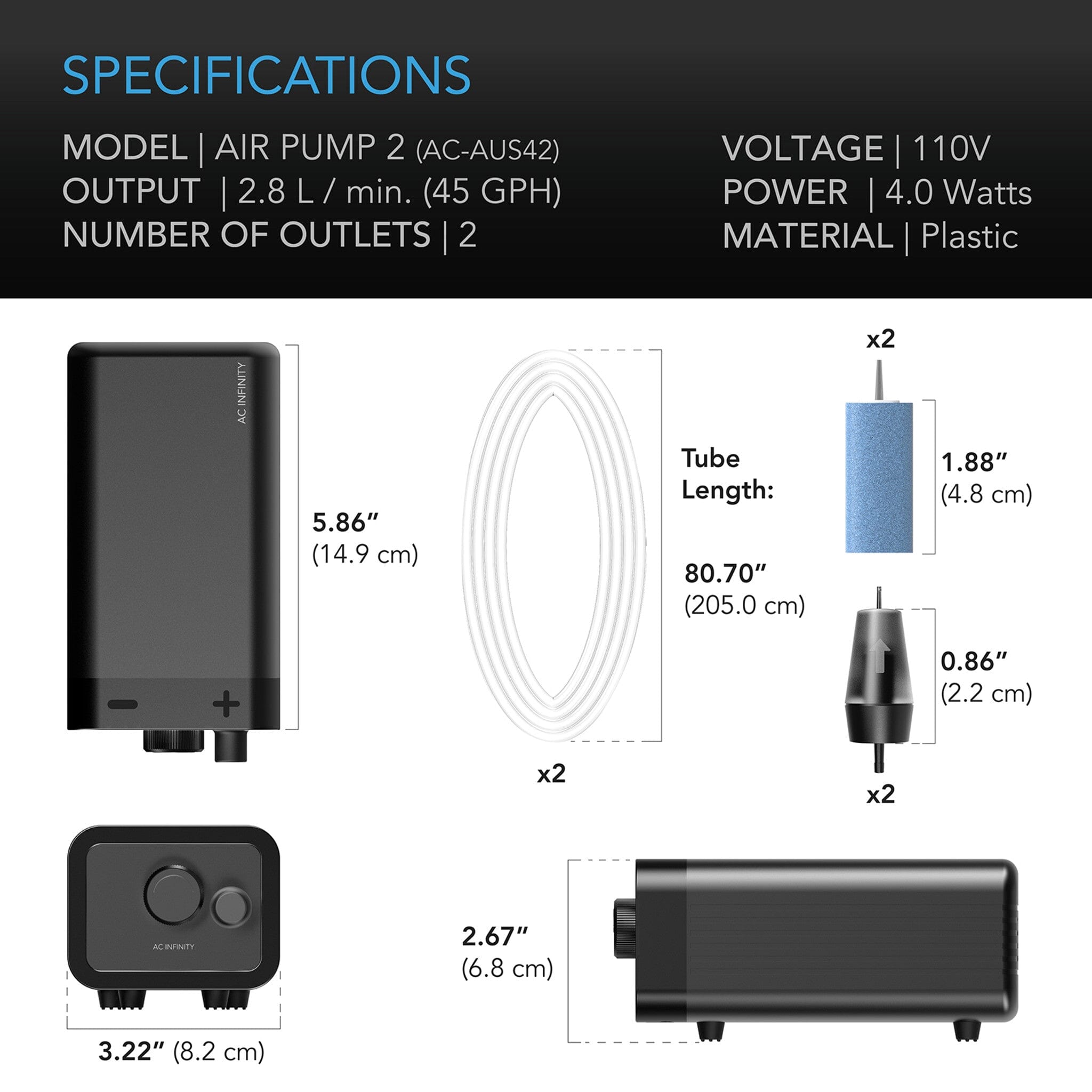Hydroponics Air Pump - Dual Outlet Aquarium Air Pump 45 GPH (2.8 L/M) for Hydroponic Systems, Fish Tanks, and Indoor Gardening - Quiet & Energy Efficient Oxygen Pump