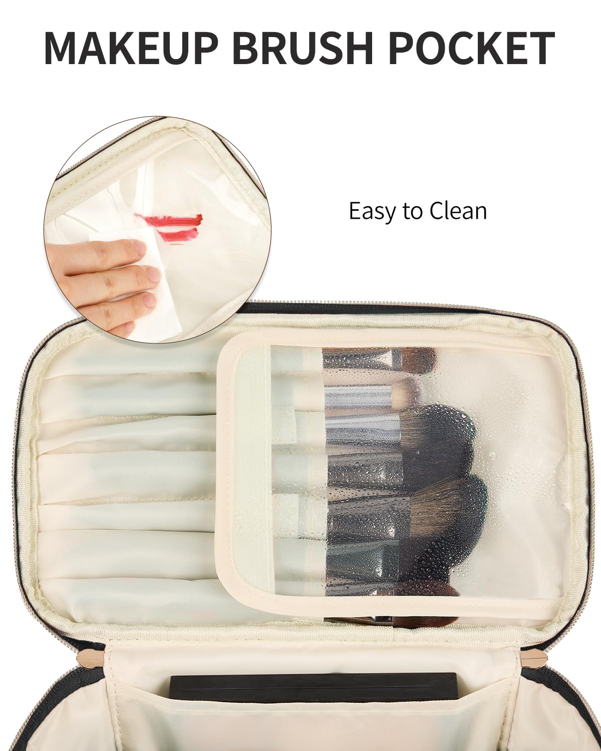 Wandering Nature Large Makeup Bag for Women - Travel Cosmetic Organizer with Brush Holder, Fabric Makeup Case in Black (Patent Pending) - Perfect for Travel, Gym & Daily Beauty Storage