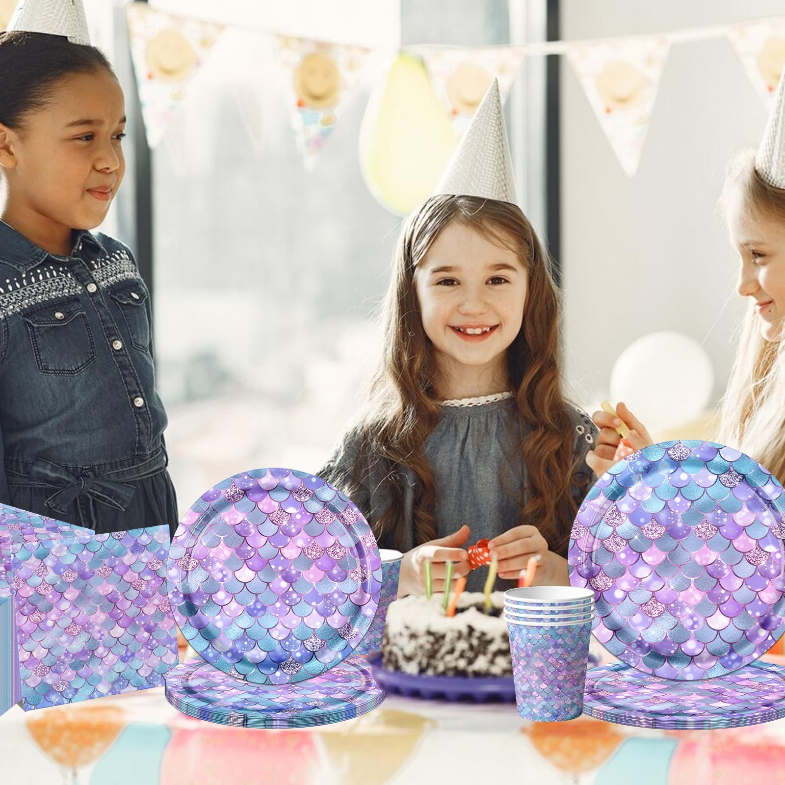 80Pcs Mermaid Party Tableware Set - Gray & Purple Little Mermaid Birthday Decorations, Disposable Plates & Napkins for Under The Sea Ocean Theme Party (Serves 20) - Perfect for Kids Birthday, Baby Shower & Themed Events