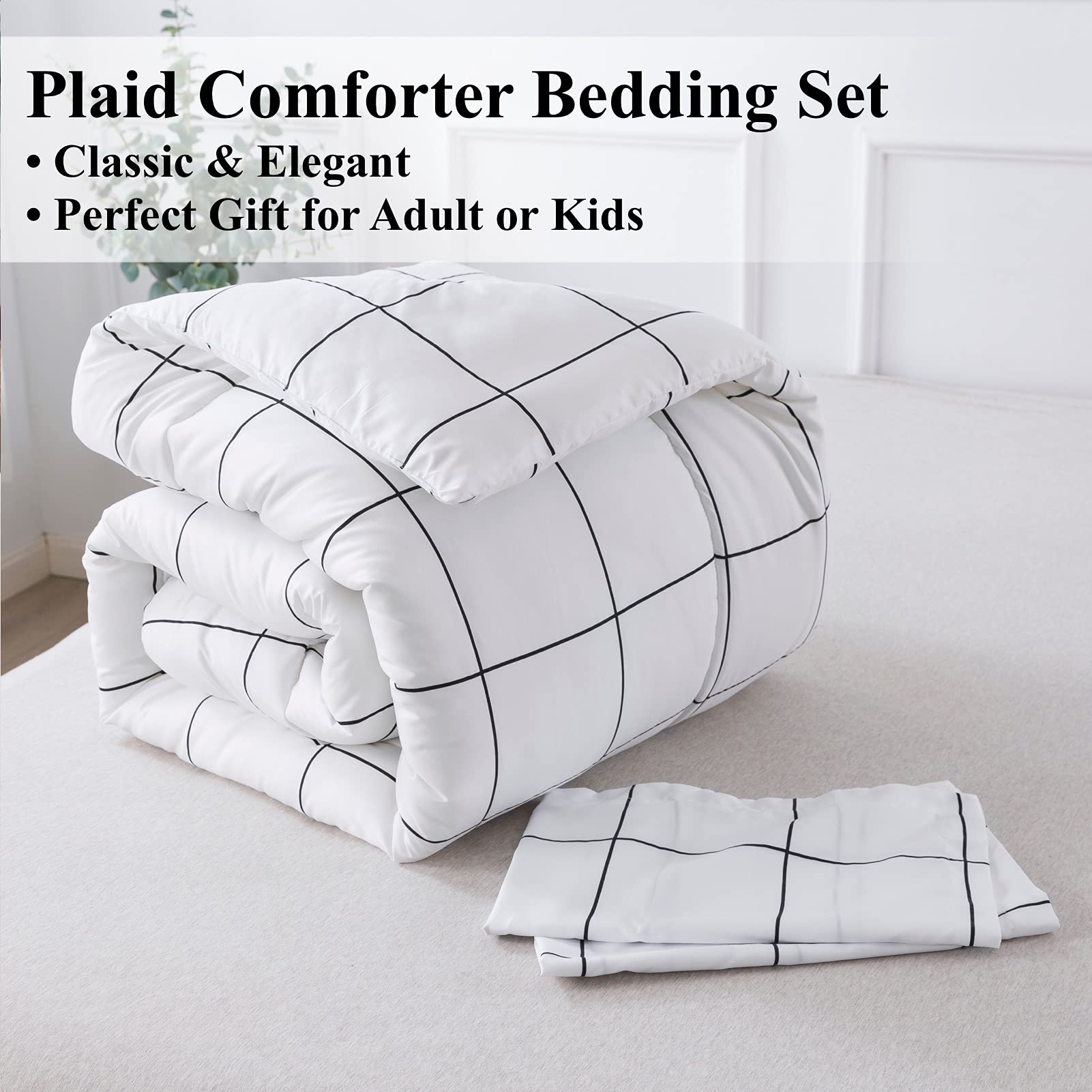 Andency White Grid Comforter Set Twin Size (66x90 Inch) - 2 Piece Lightweight Microfiber Bedding Set with Plaid Design & Pillowcase | Perfect for Dorm Rooms, Guest Beds & Cozy Bedroom Decor