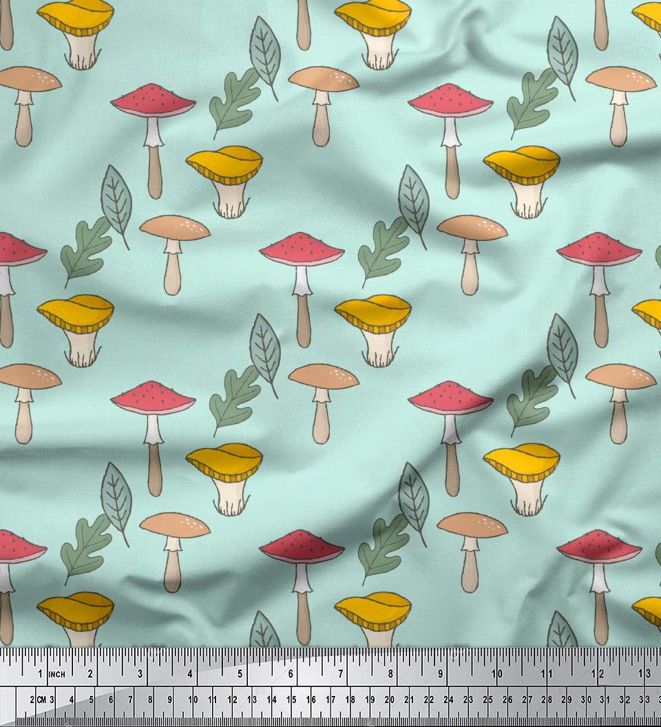 Soimoi Green Polyester Crepe Fabric by The Yard - 52 Inch Wide - Leaves & Mushroom Botanical Tapestry Cloth - Earthy Printed Fabric for Dresses, Curtains, DIY Crafts & Home Decor