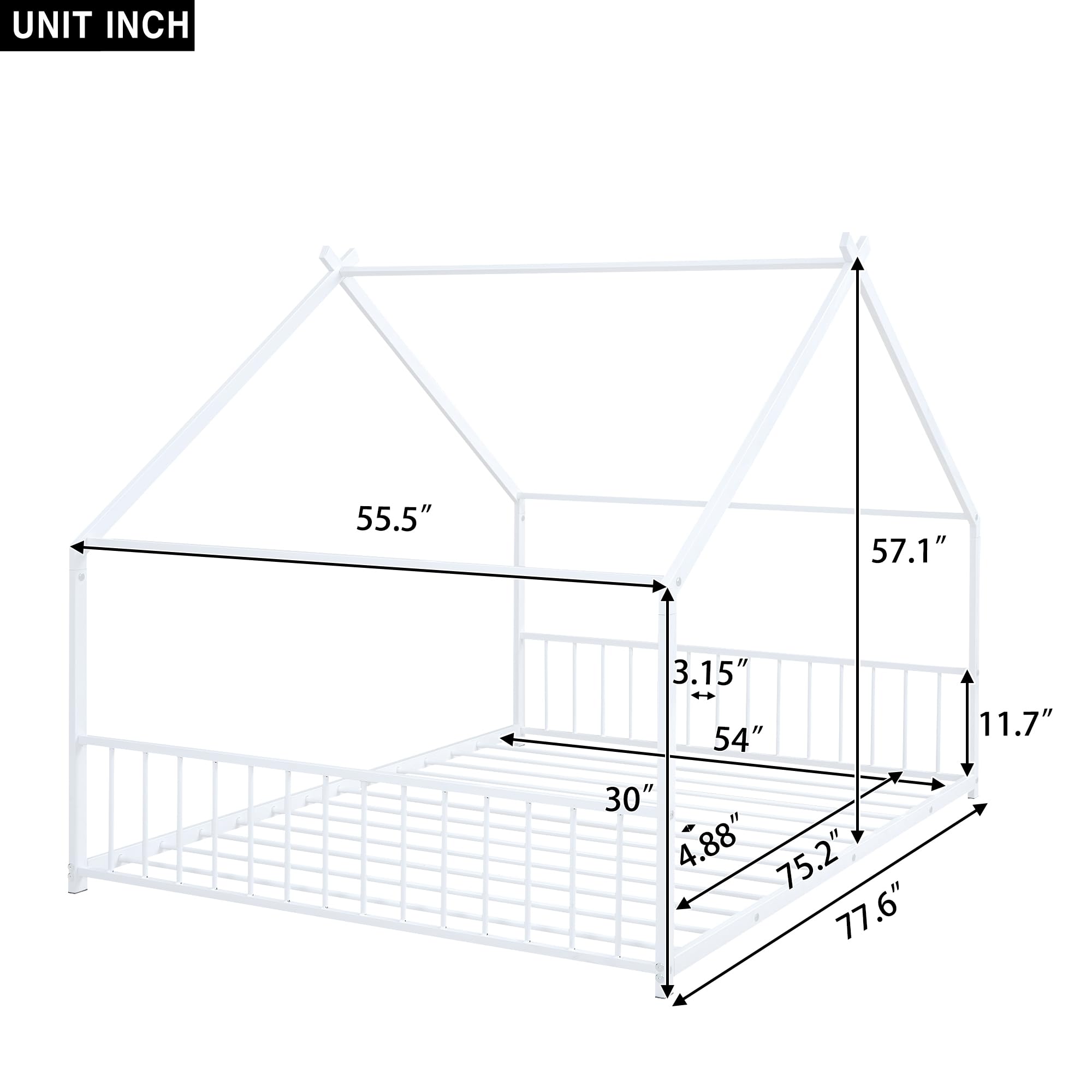 Montessori Metal Floor Bed Frame - Full Size House Bed with Headboard & Slats, Sturdy Kids Bed for Boys & Girls, White - Perfect for Montessori Bedrooms & Child-Friendly Spaces