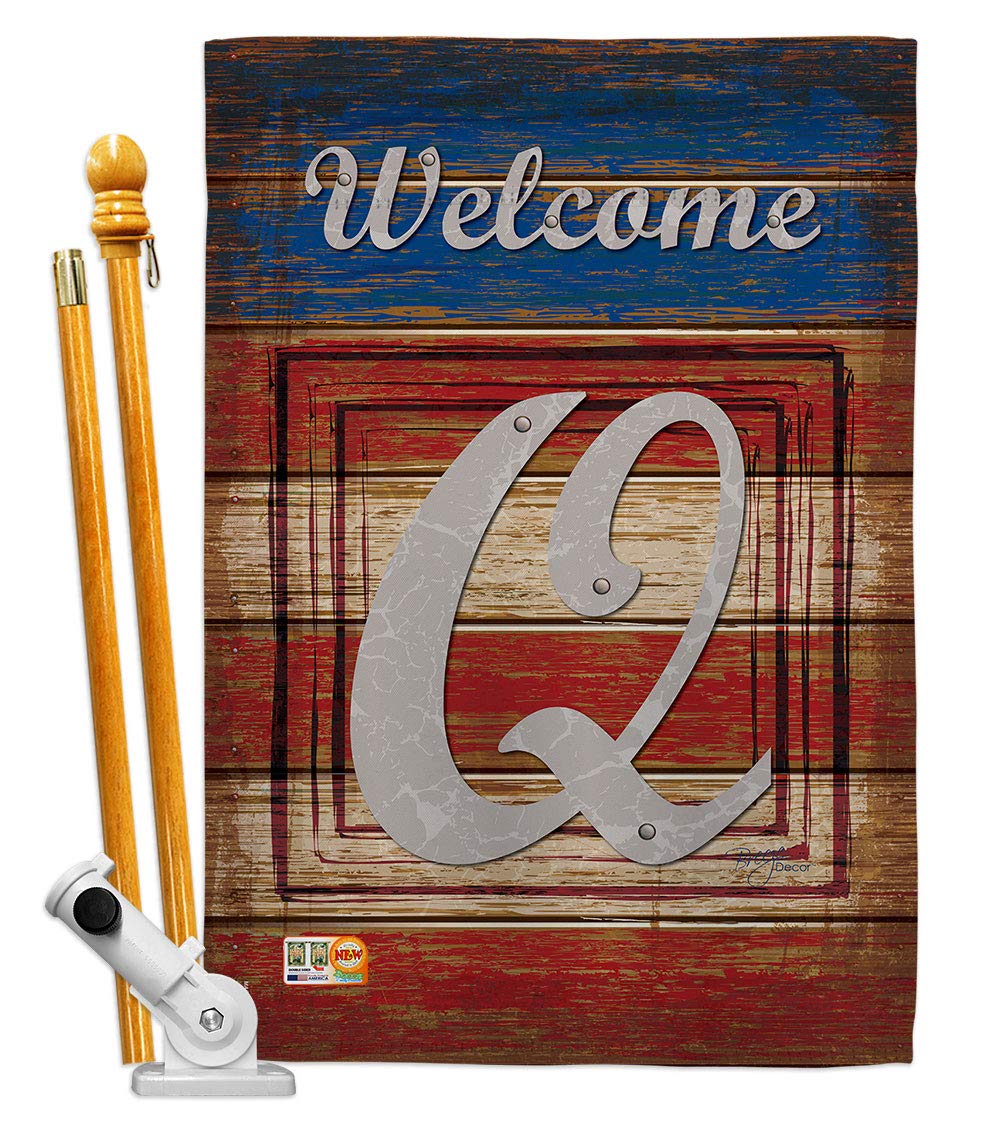 Q Initial Patriotic House Flag Set 28x40 with Pole - Perfect for Outdoor Decor