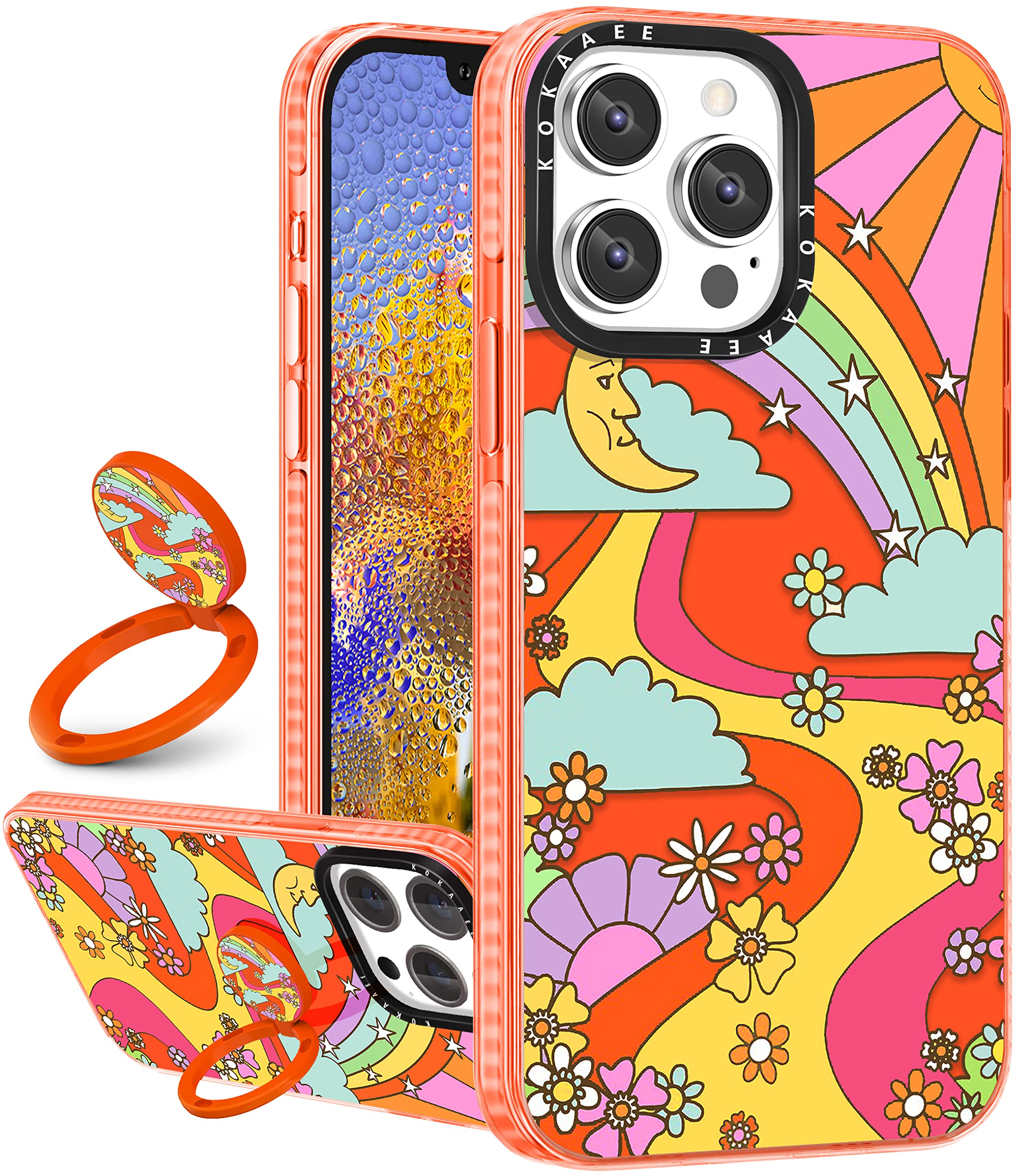 2 in 1 iPhone 14 Pro Case with Ring Holder - Rainbow Girly Cute Retro Floral Design Soft TPU Bumper Cover for Women & Girls (6.1