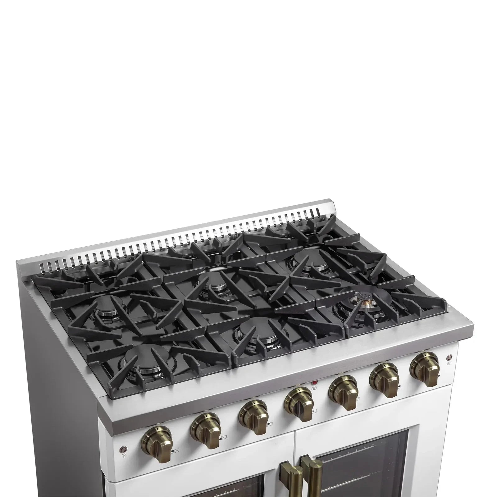Forno Galiano 36-Inch French Door All Gas Range in White with Antique Brass Trim - Model FFSGS6444 36WHT | Professional Kitchen Appliance for Home Chefs & Modern Cooking