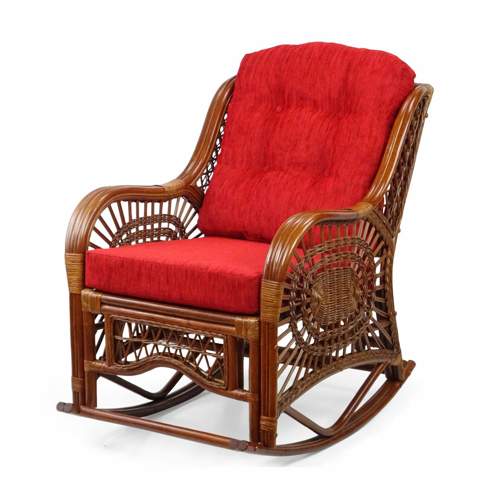 Malibu Rocking Handmade Lounge Chair - Eco-Friendly Natural Wicker Rattan with Red Cushion - Indoor Use Only - Perfect for Living Room, Sunroom or Patio Relaxation