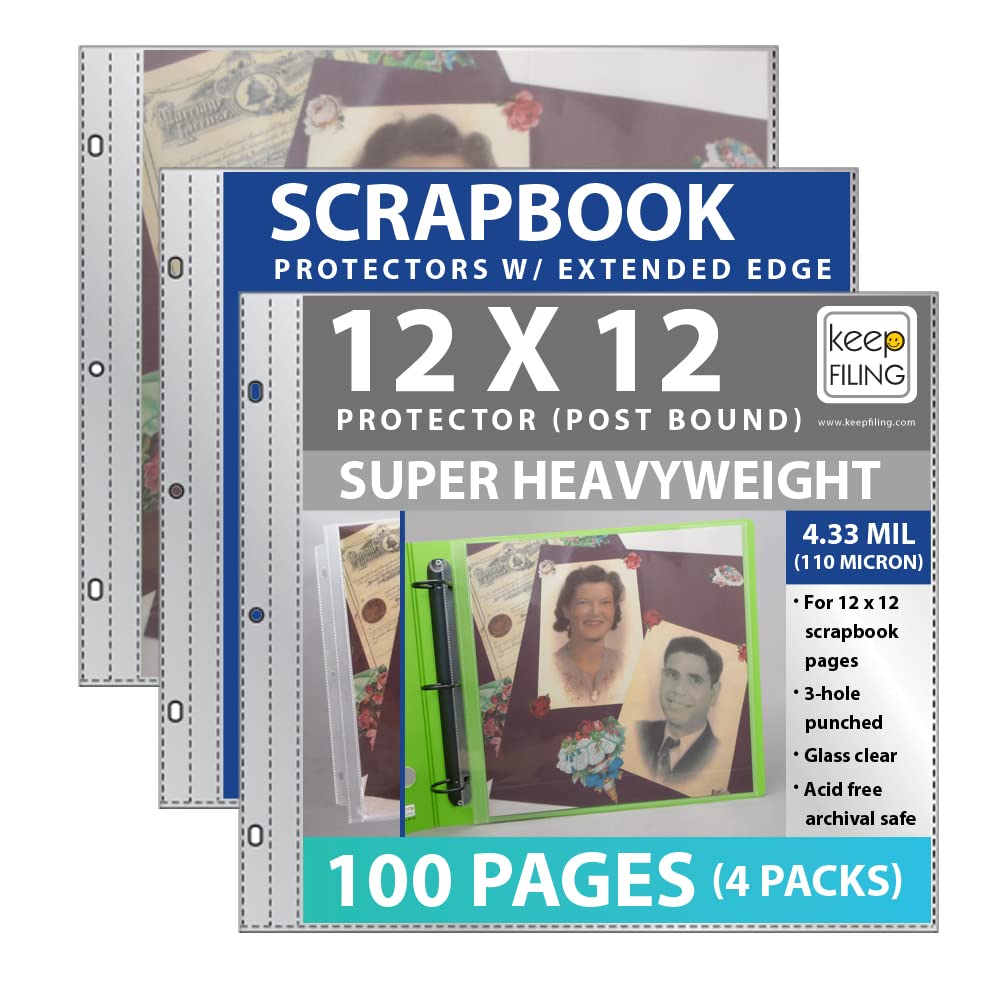 Acid-Free 12x12 Scrapbook Page Protectors - 100 Heavyweight Non-Flimsy Sheets (4 Packs) for Post Bound & 3-Ring Photo Albums | Perfect for Archival Storage, Memory Keeping, and Crafting Projects by Keepfiling