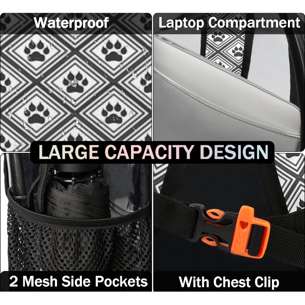 Animal Paw Print Rhombus Clear PVC Backpack - Heavy Duty Transparent Stadium Approved Large Laptop Backpack for Work, Travel, Sports & Concerts | Perfect for School, Music Festivals and Security Checkpoints