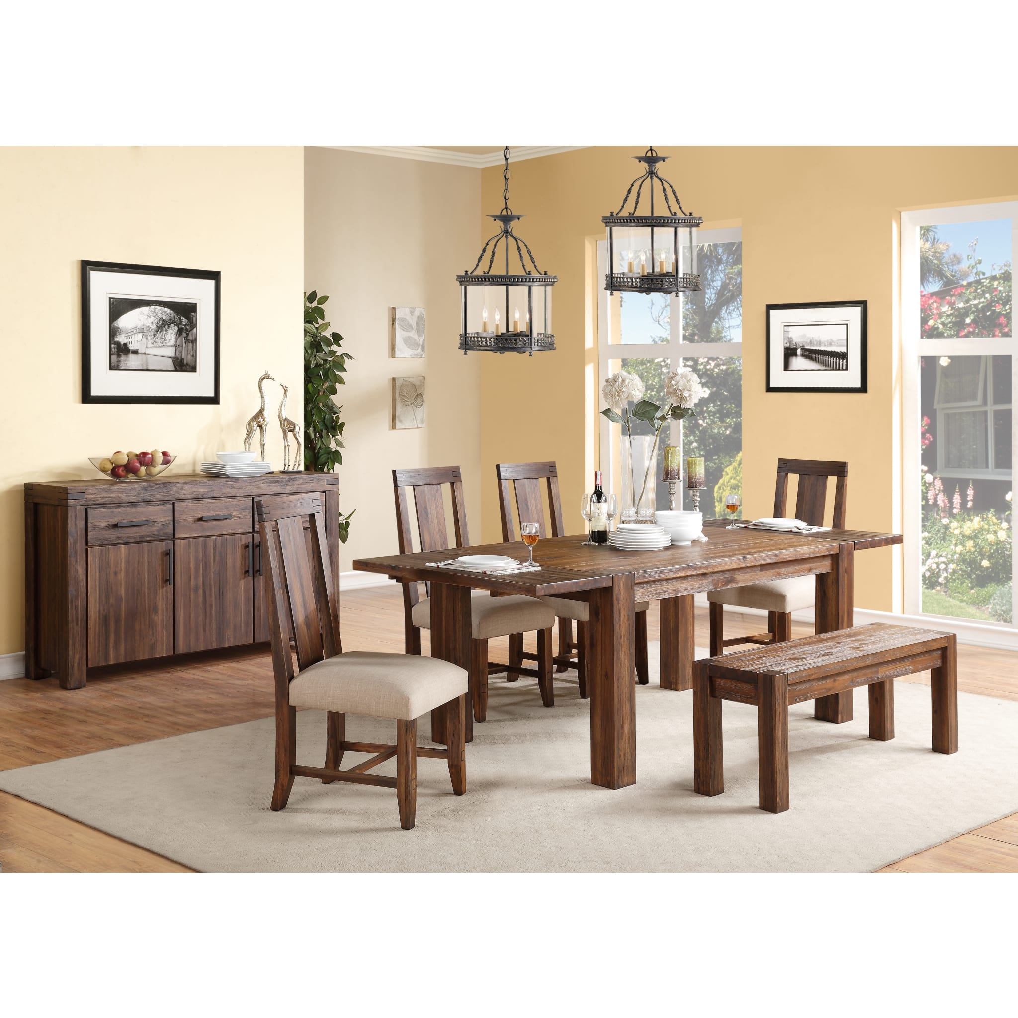 Solid Wood Extending Dining Table - Brick Brown Finish - Expandable Farmhouse Style Table for Family Gatherings & Dinner Parties