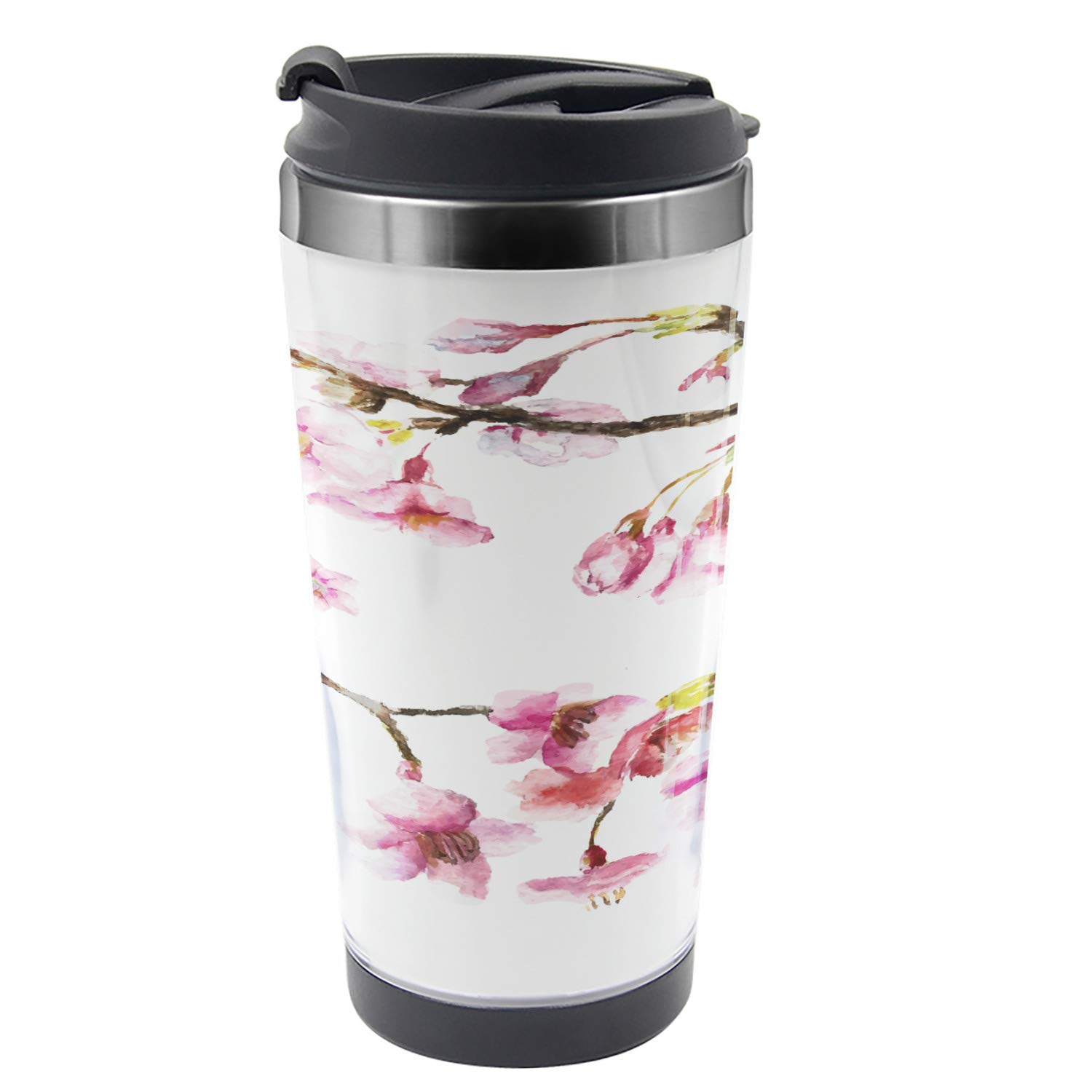 Ambesonne 16 oz Stainless Steel Travel Mug with Watercolor Floral Design - Insulated Thermal Cup for Hot & Cold Drinks - Perfect for Spring Travel, Office, Hiking & Outdoor Activities (Pink & Green)